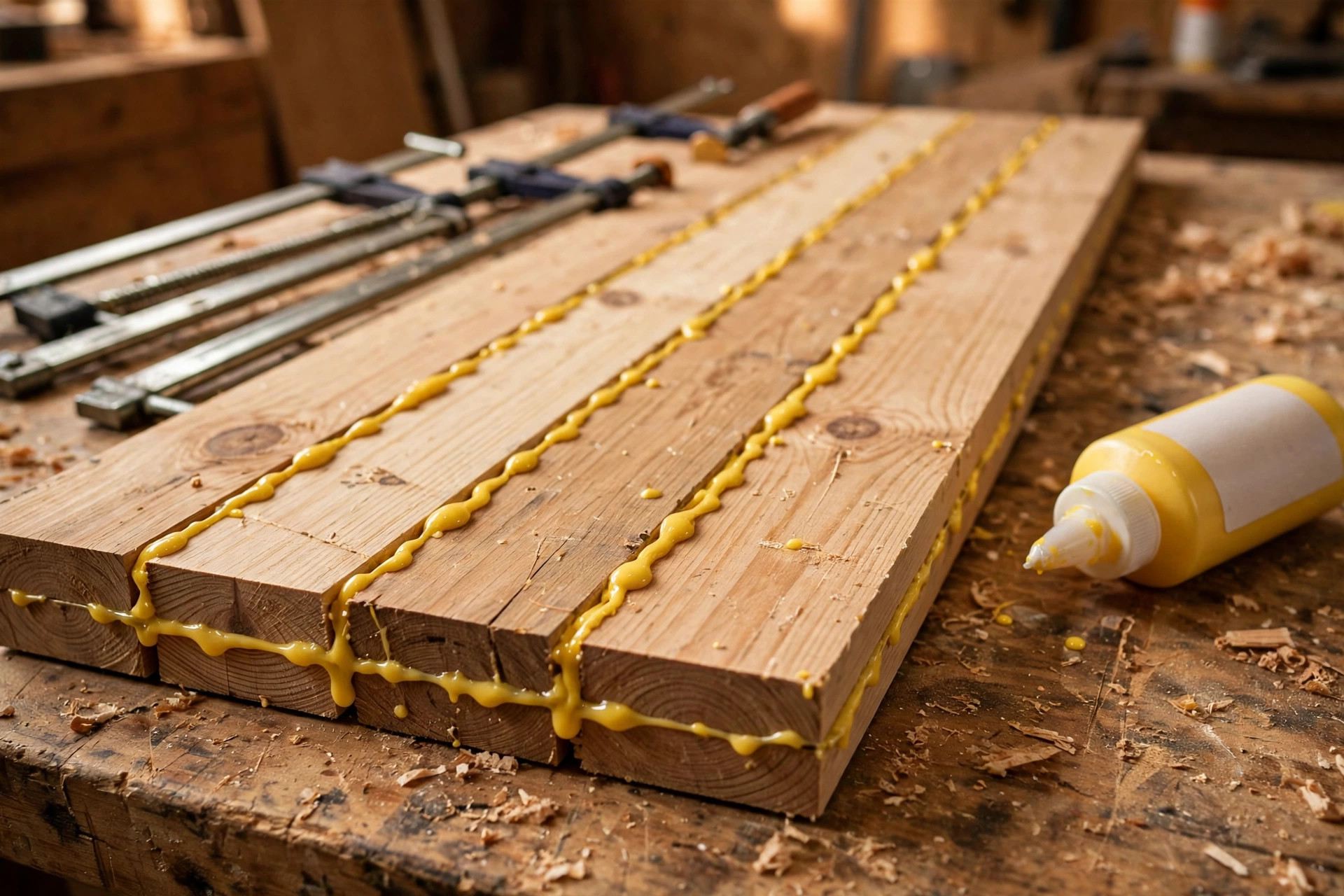 Wooden boards with fresh wood glue beads showing open time before clamping in a workshop