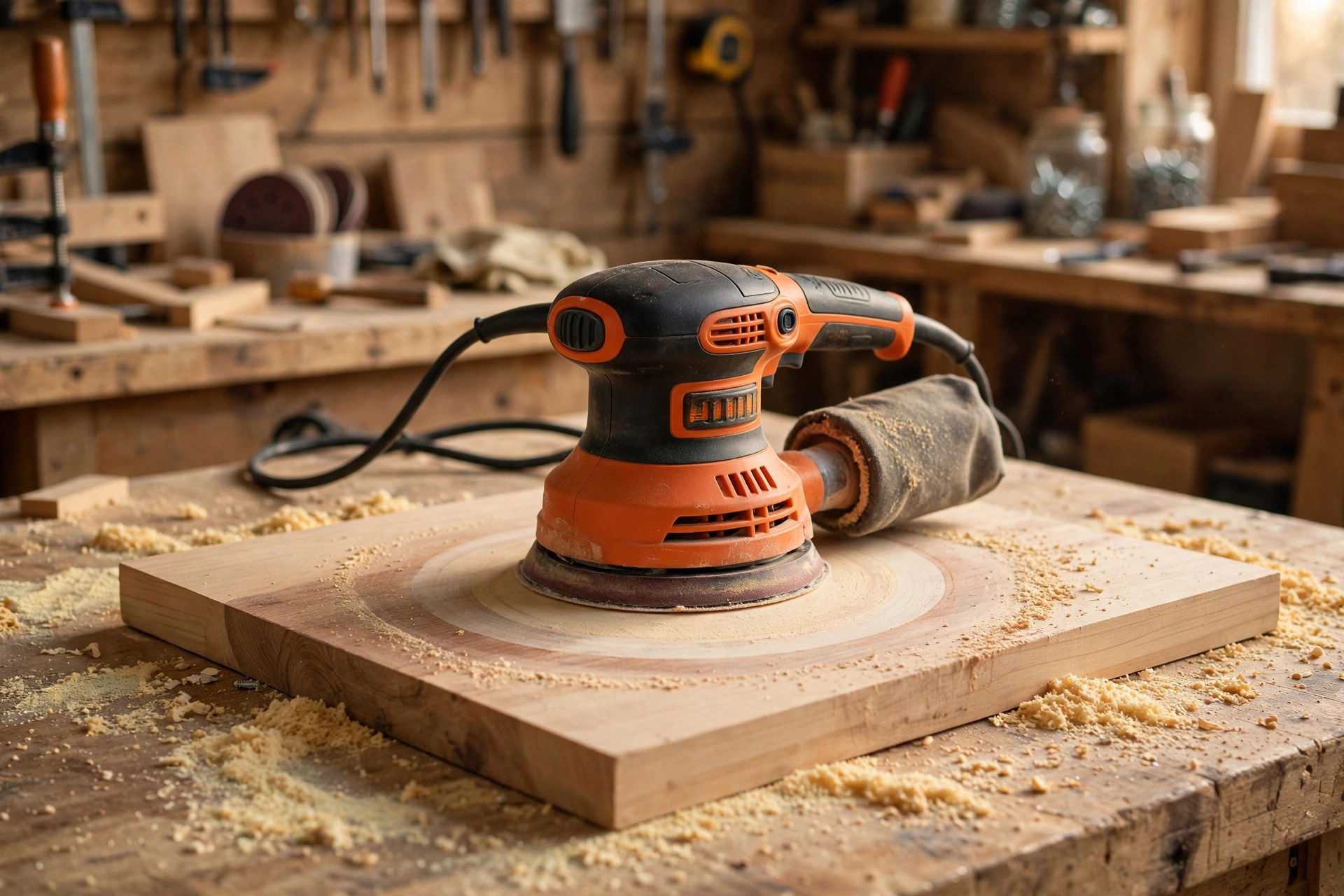 How to sand and finish wood for beginners: orbital sander resting on a wooden board