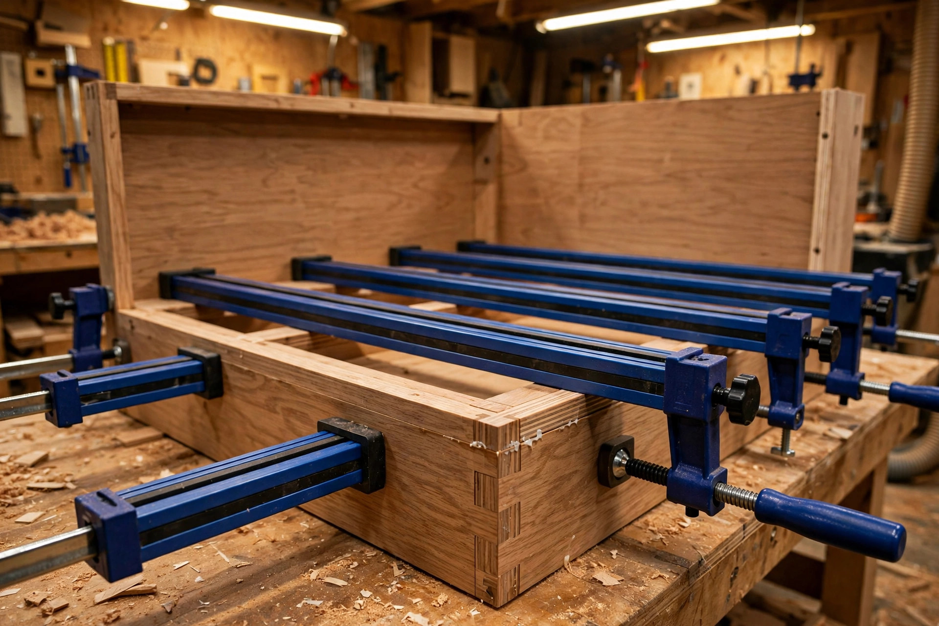 Parallel clamps with even jaw pressure assembling a wooden cabinet carcass, precision clamps for woodworking beginners