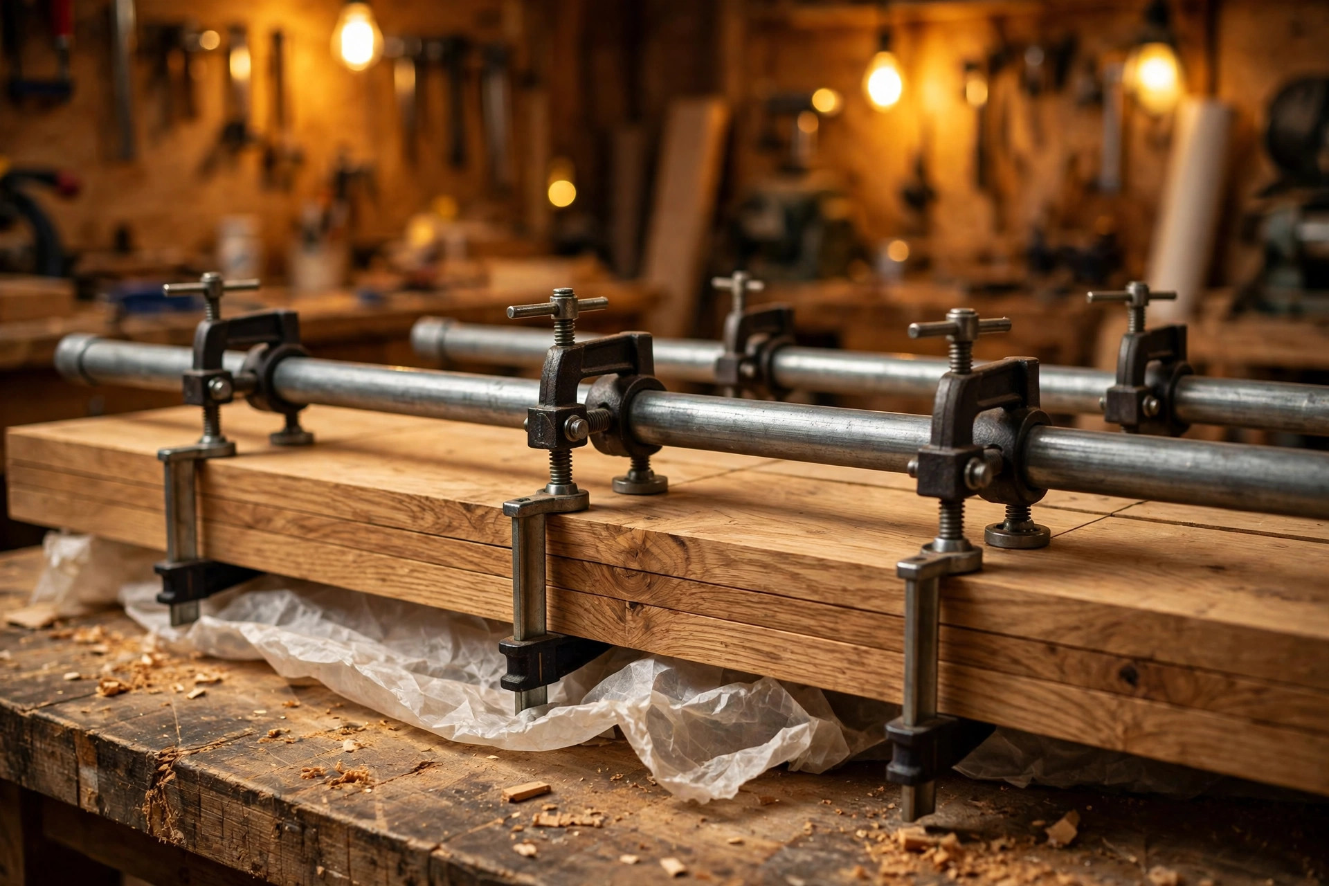 Pipe clamps fitted on steel pipes squeezing long wooden boards together, affordable clamps for woodworking beginners