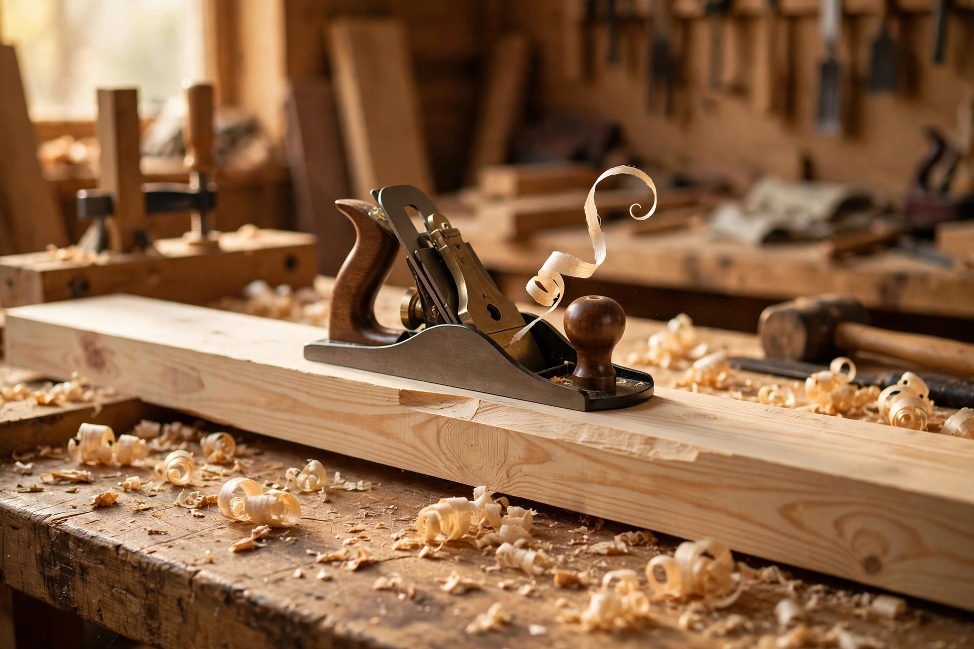 Planing technique for beginners showing thin wood shavings curling from a hand plane on a board