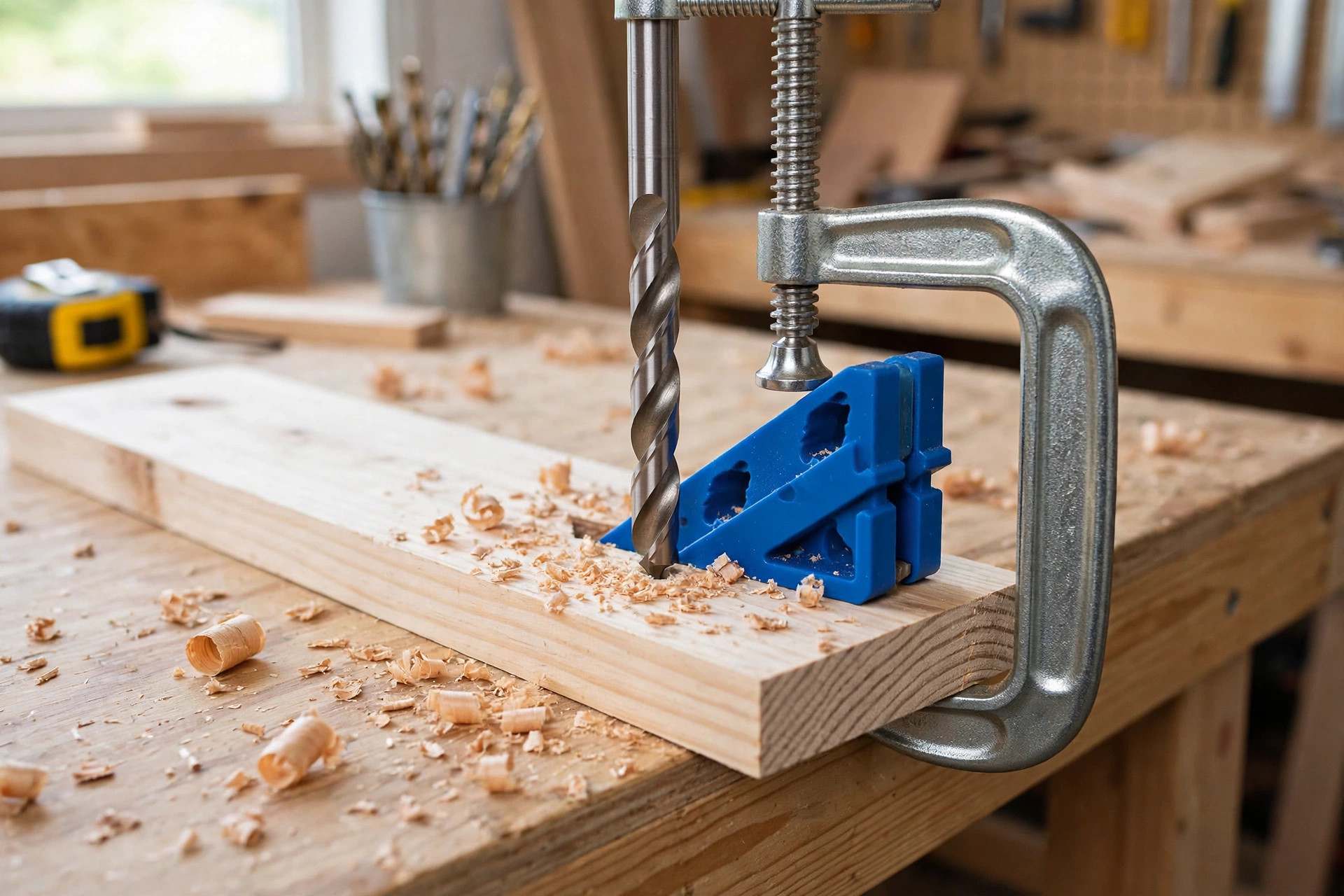A pocket hole jig guiding a stepped drill bit into wood at an angle, key to the pocket hole joint vs dowel joint strength comparison