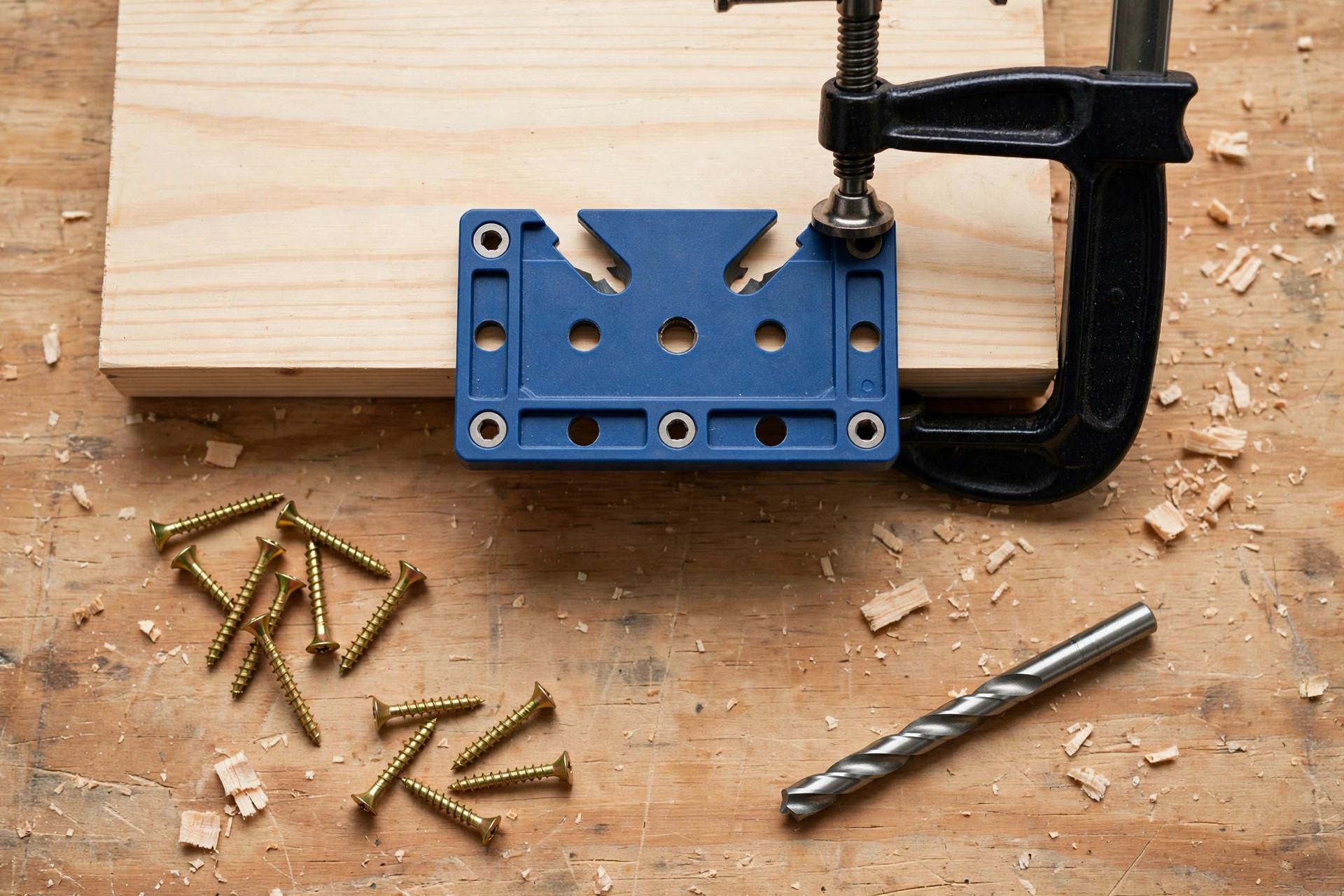A pocket-hole jig setup with the best drill for woodworking beginners clamped to a board ready for angled screw holes