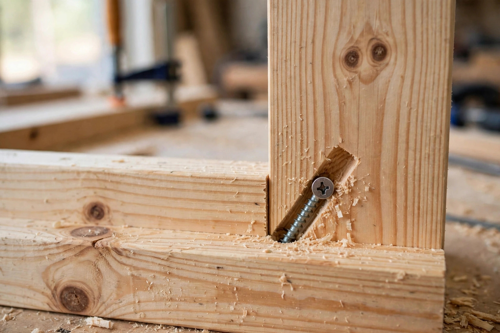 Close-up of a pocket hole joint with a screw seated in the angled pocket, comparing pocket hole joint vs dowel joint strength