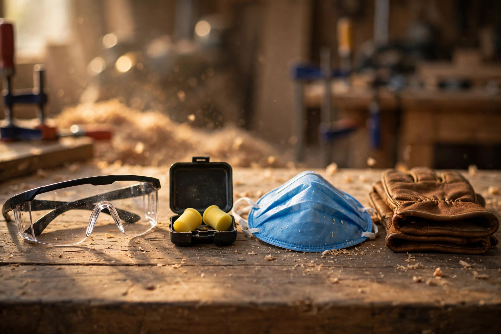 Woodworking safety tips for beginners showing protective gear including safety glasses earmuffs gloves and a dust mask on a wooden workbench