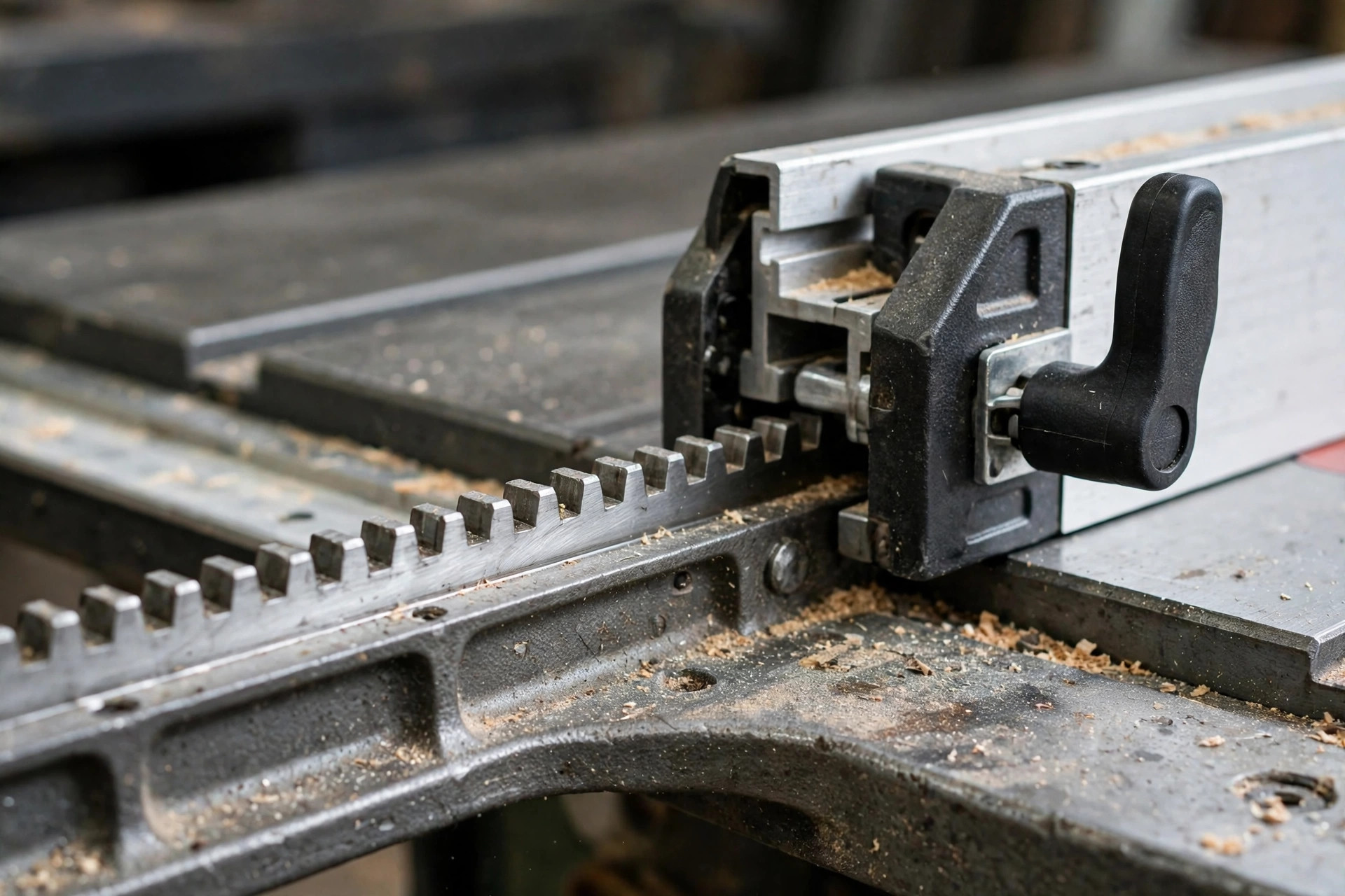 A close-up of a rack-and-pinion rip fence on a table saw for beginners showing the toothed rail and locking handle