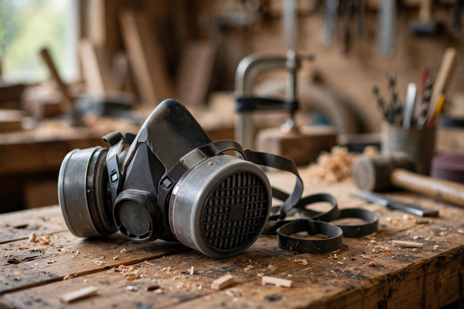 A respirator mask resting on a wooden workbench in a small workshop, ready for sanding and dust collection work