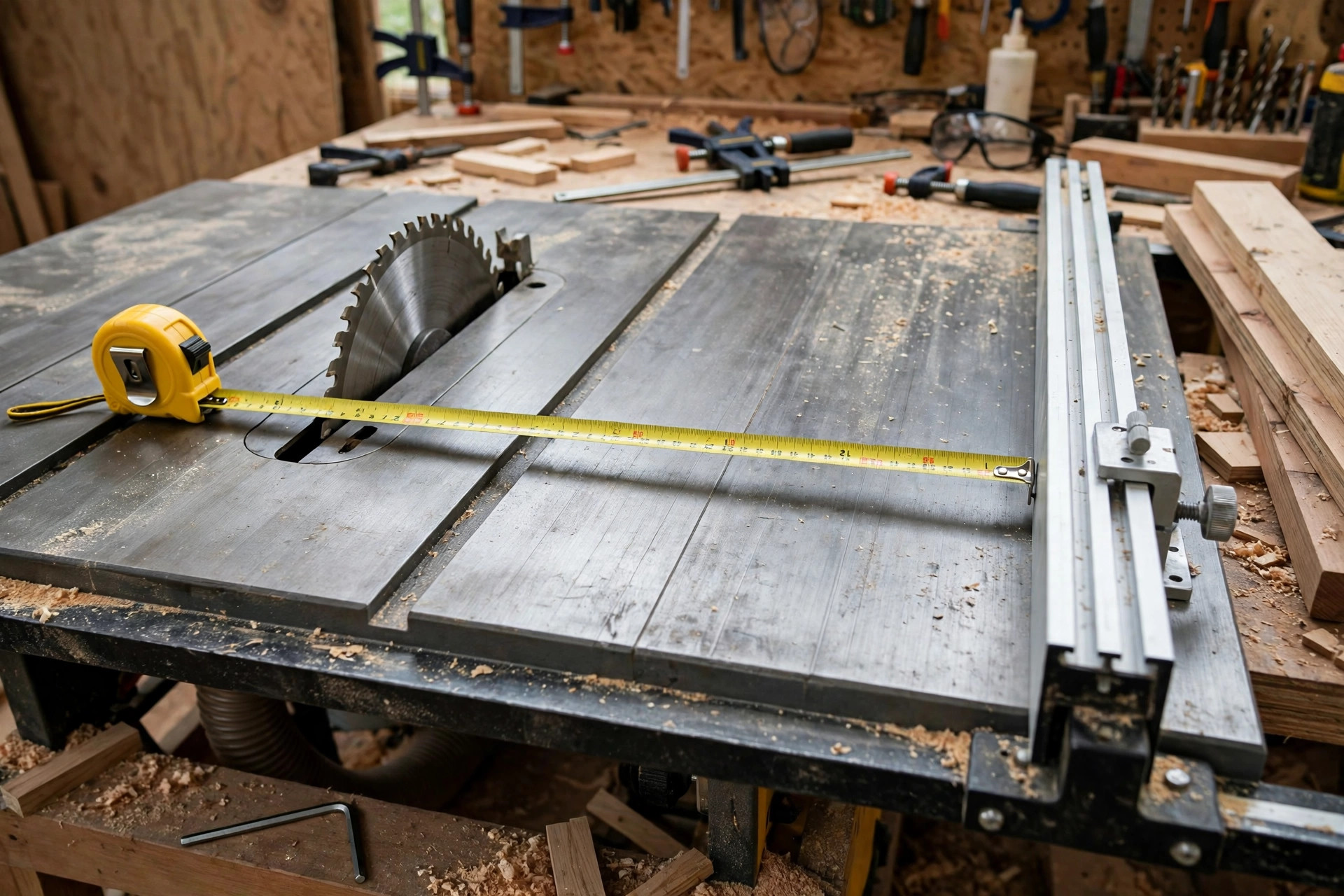 A tape measure checking rip capacity from the table saw blade to the rip fence in a workshop, no people