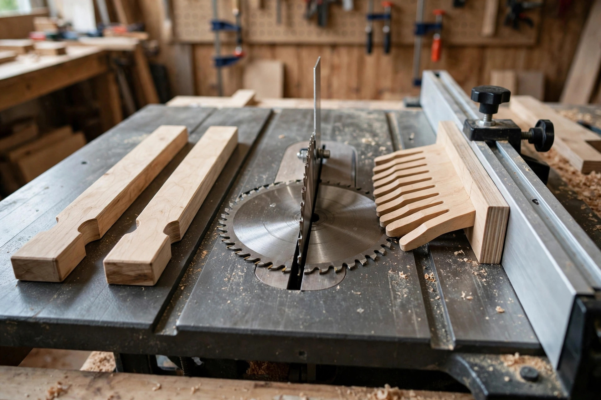 A table saw riving knife behind the blade with push sticks and a featherboard arranged on the table, no people