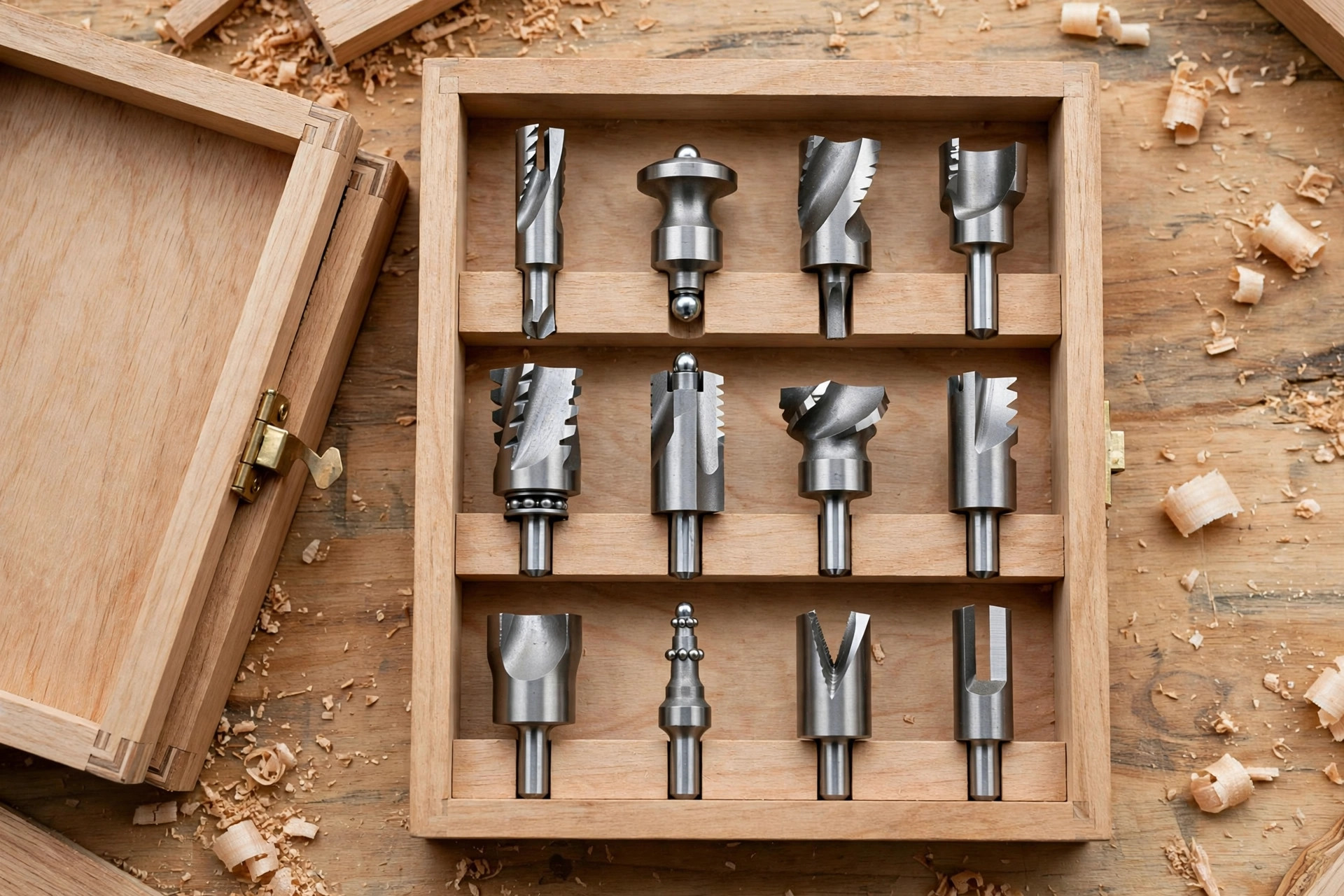 A beginner router bits set for learning how to use a router for beginners in woodworking, arranged neatly in a wooden case on a workbench