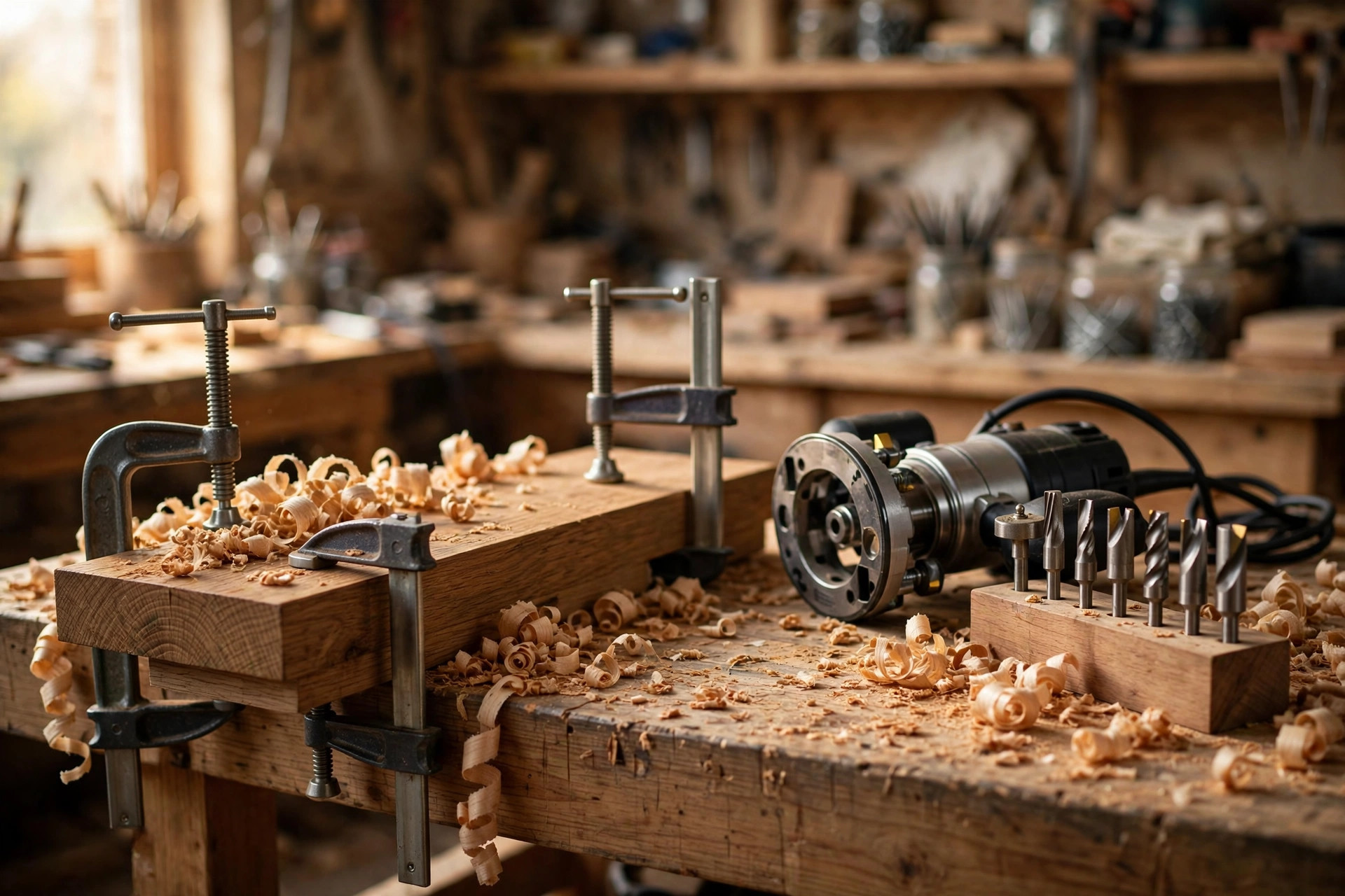 Woodworking safety tips for beginners showing a router with various bits and clamps secured on a workbench