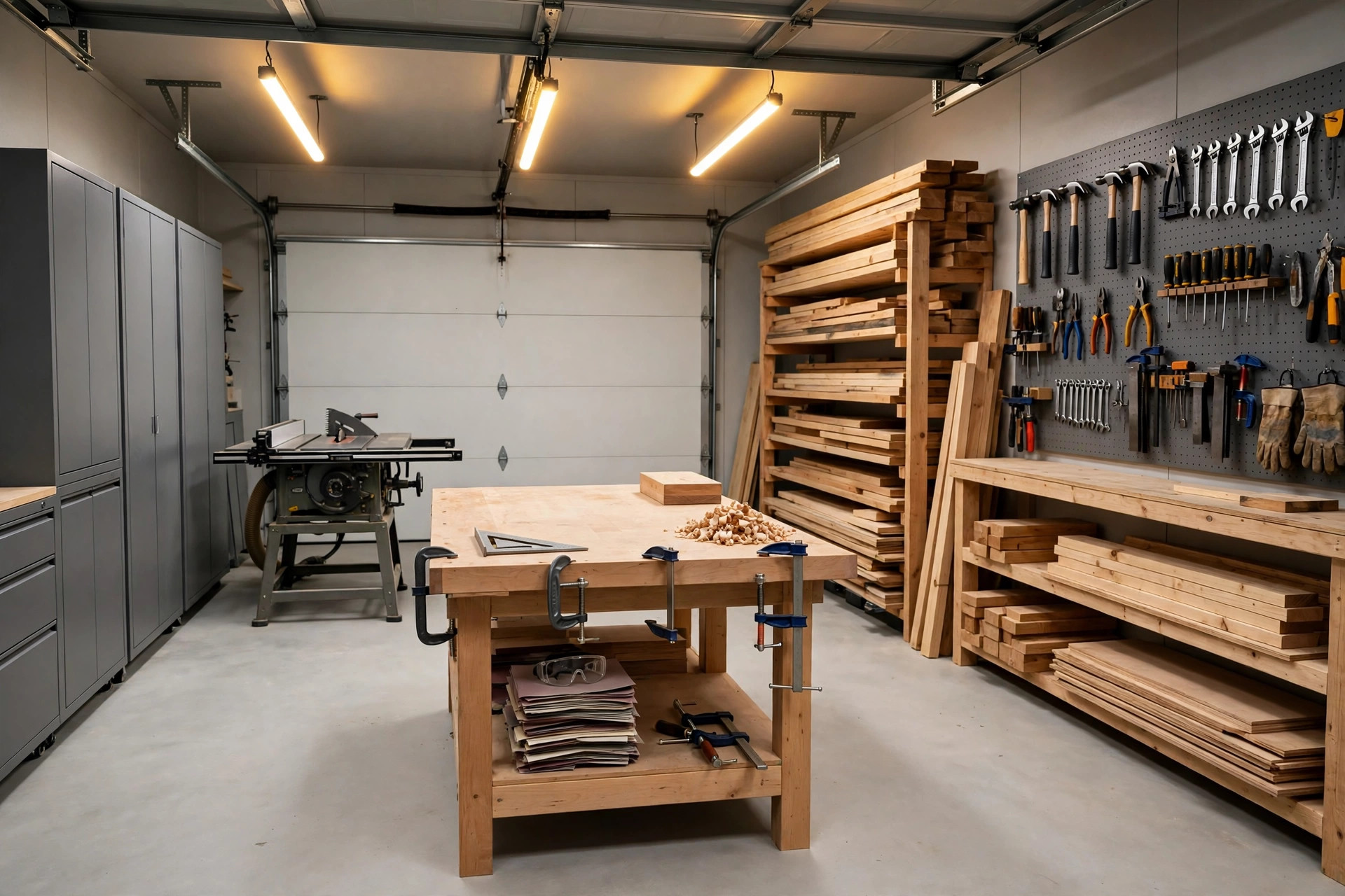 Woodworking safety tips for beginners illustrating a clean well organized small garage workshop with clear walkways and good lighting
