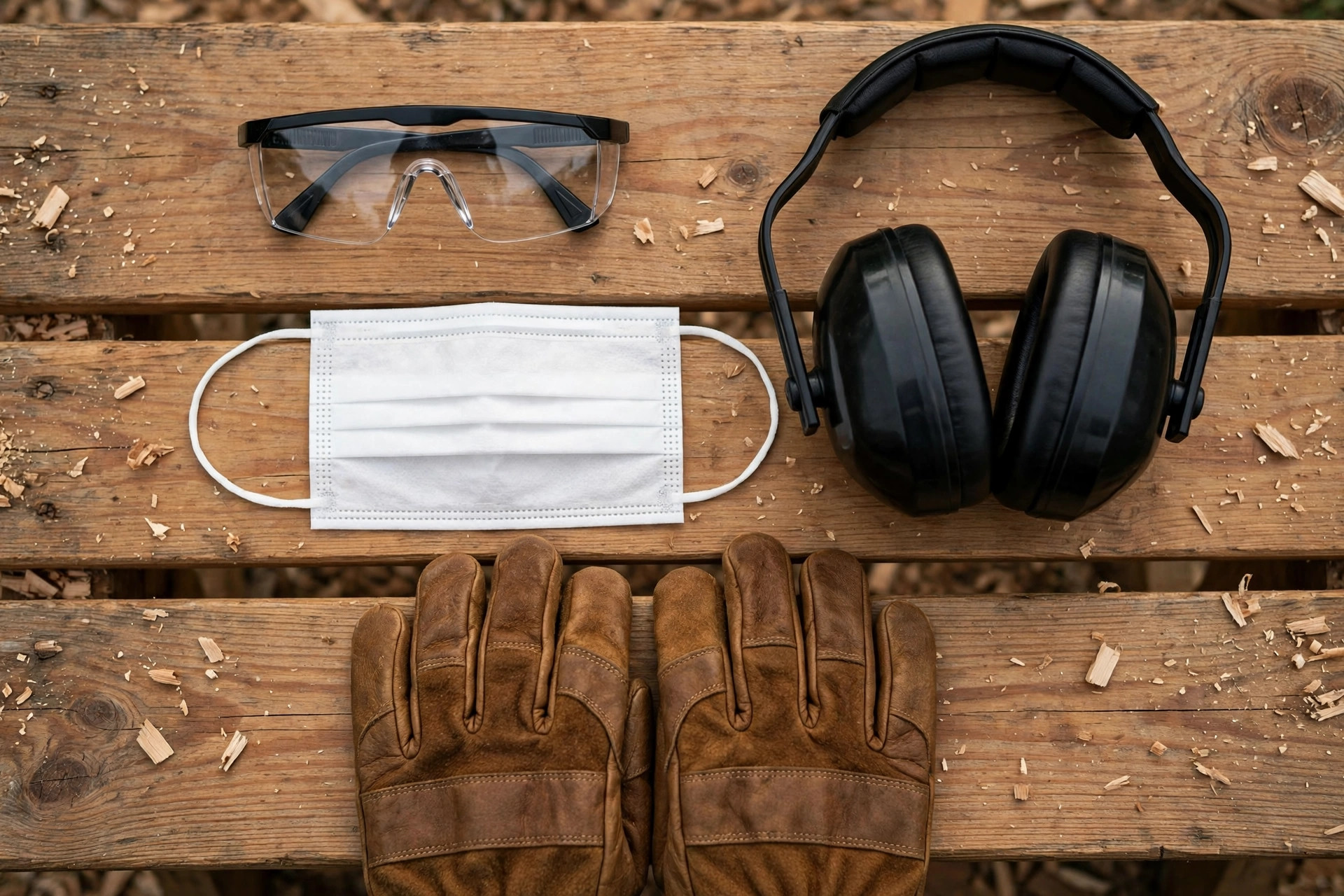 Safety gear for beginners using a circular saw, including glasses, ear protection, a dust mask and gloves laid out on a bench