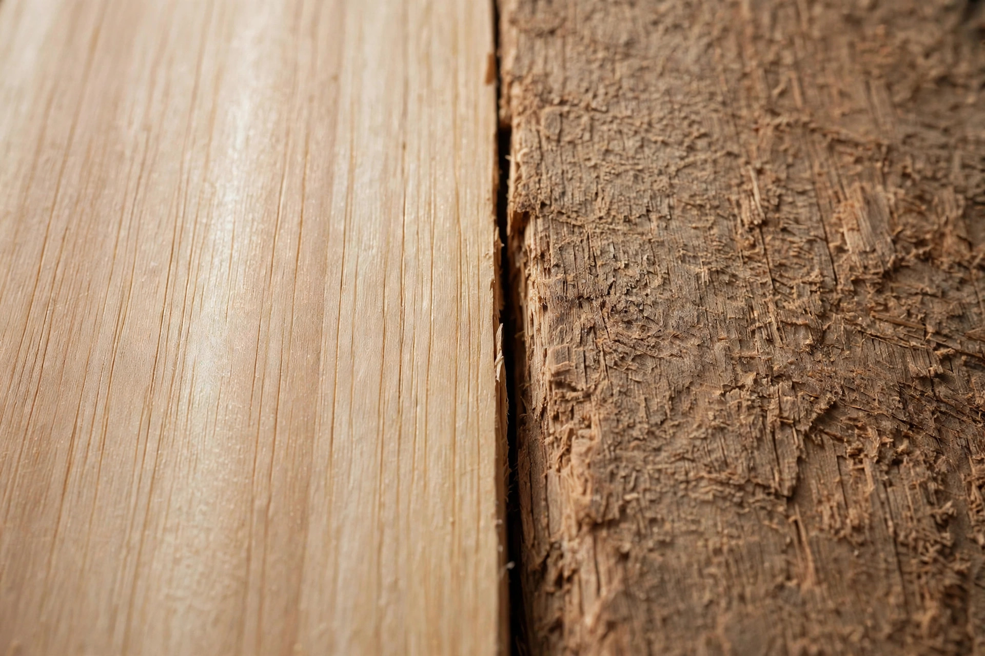 How to sand and finish wood for beginners: close-up comparison of sanded versus unsanded wood grain