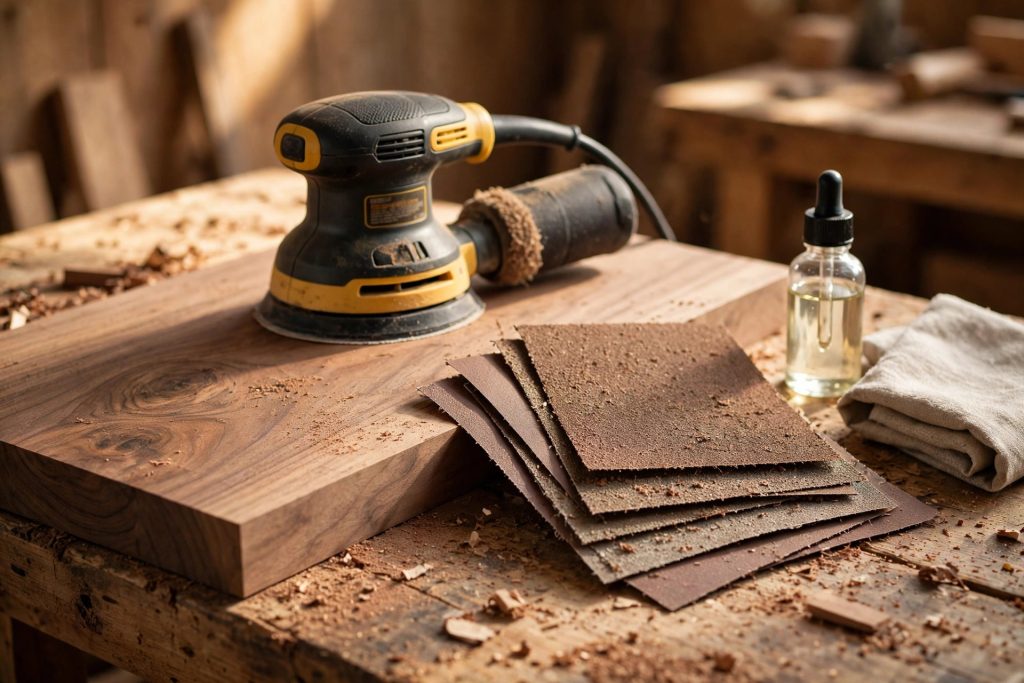 Sanding and finishing wood with an orbital sander, sandpaper and mineral oil for a professional finish
