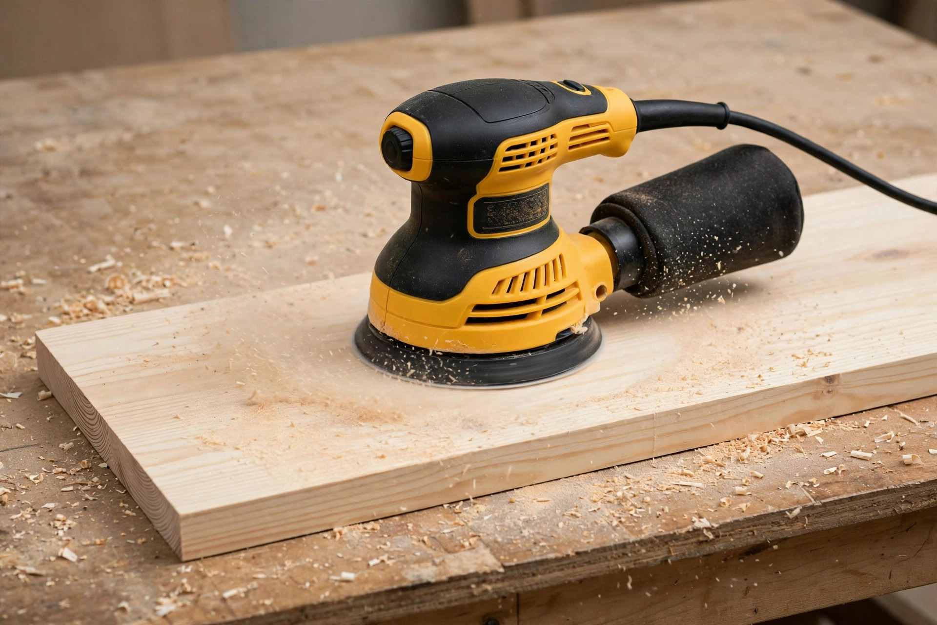 Sanding a board with a swirl-free technique using the best random orbital sander for beginners woodworking method