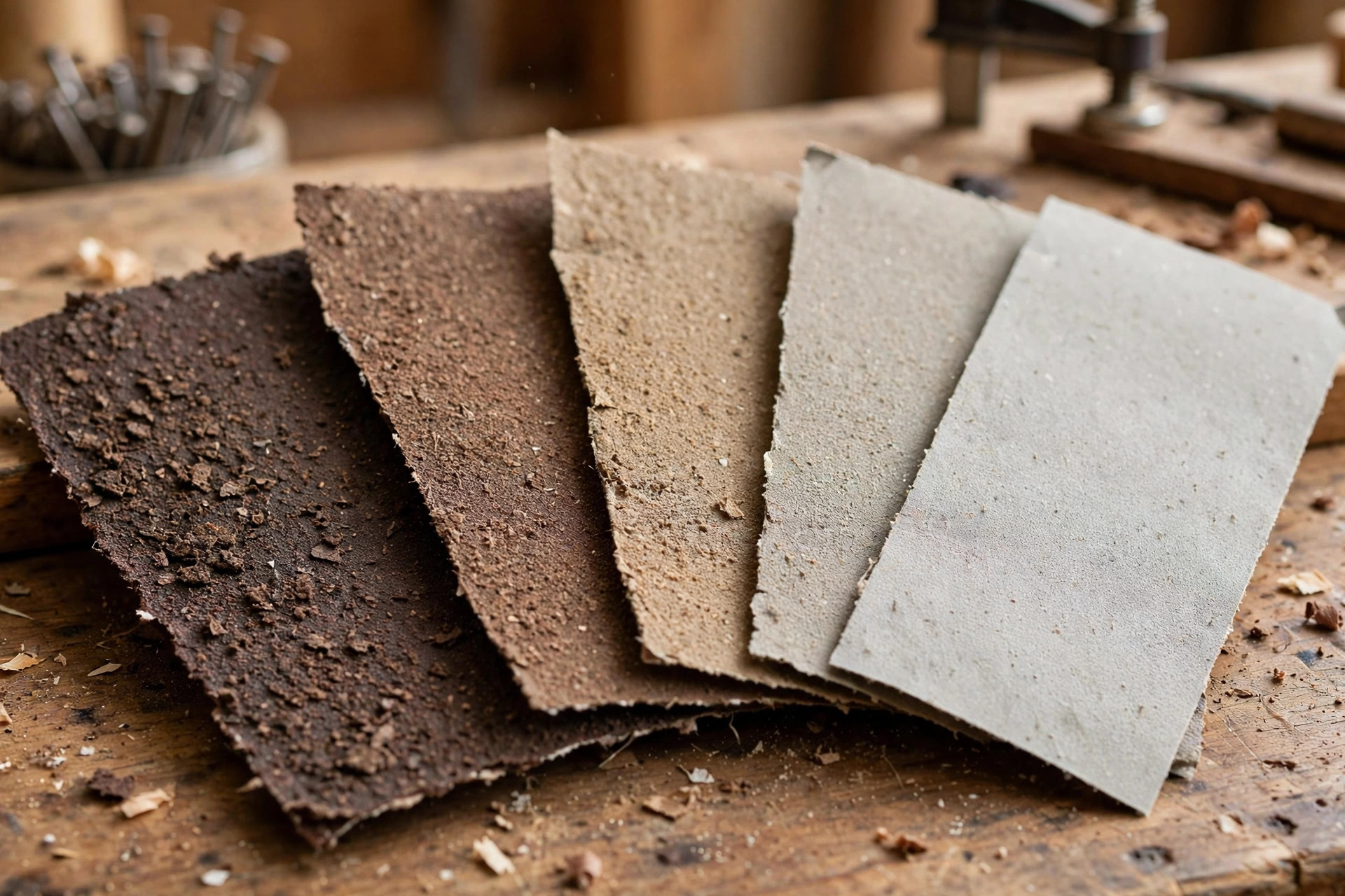 How to sand and finish wood for beginners: sandpaper sheets of different grits arranged by progression