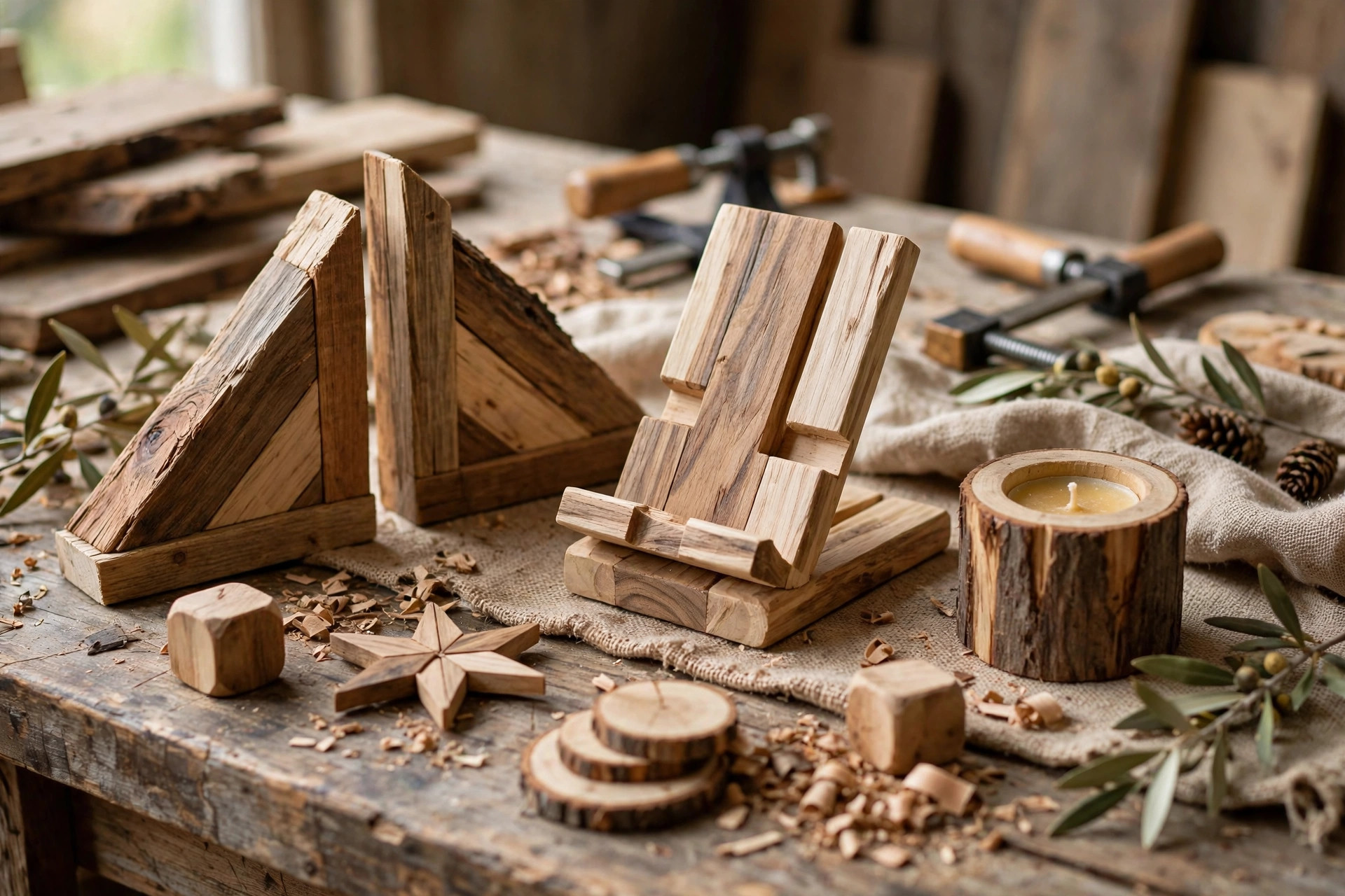 Finished small scrap wood crafts displayed for sale, showing how easy scrap wood projects for beginners can earn money