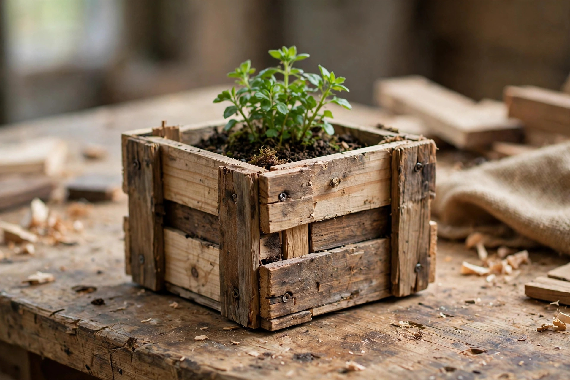 Small wooden planter box built from scrap wood offcuts