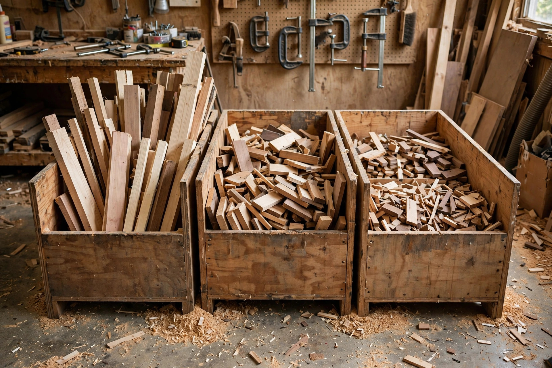 Sorted scrap wood offcuts organized in bins, ready for easy scrap wood projects for beginners