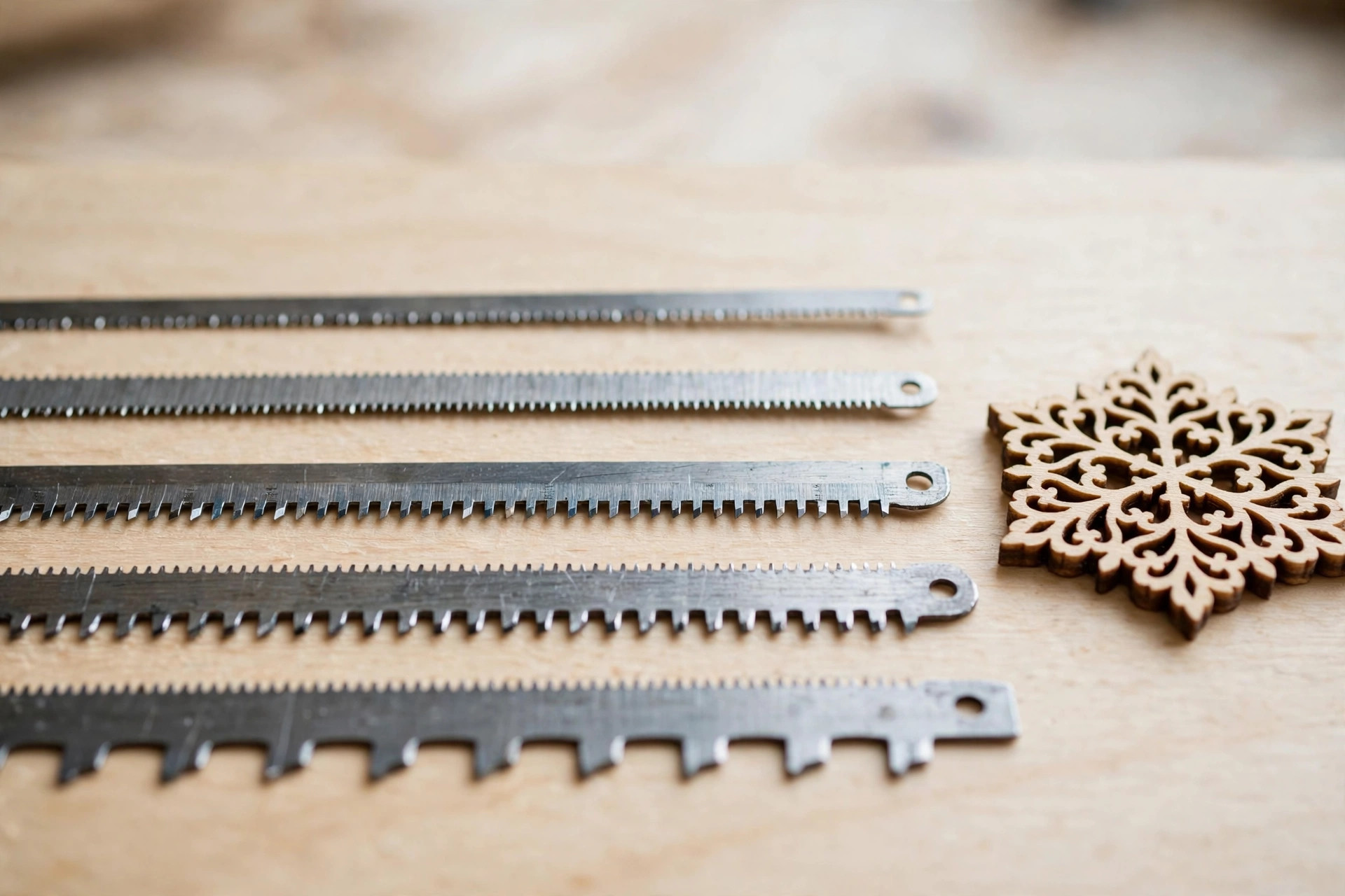 Close-up of assorted thin scroll saw blades of different tooth sizes on a wooden surface beside a small fretwork ornament, scroll saw blade guide for beginners