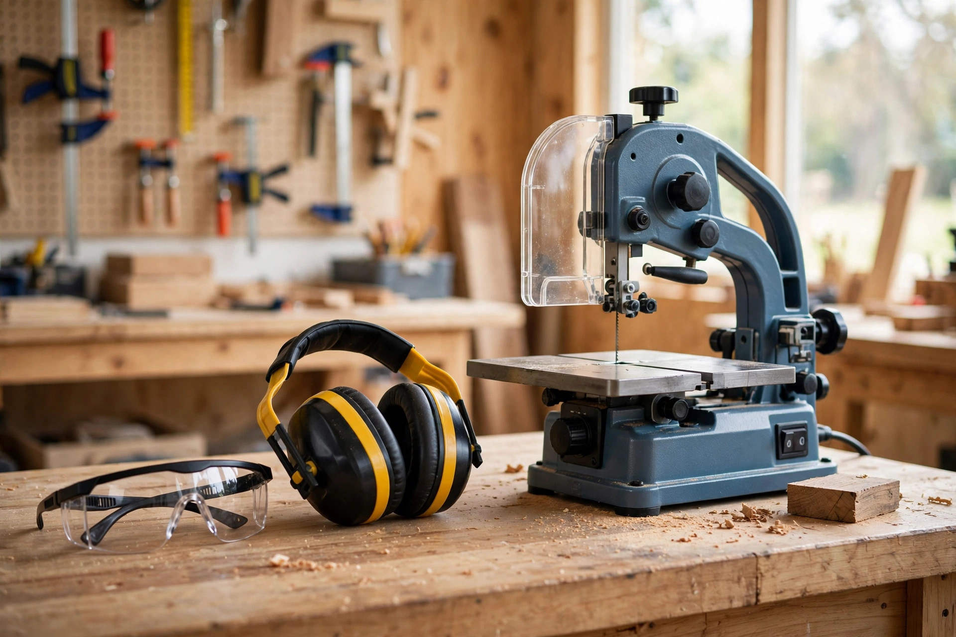 Safety glasses and hearing protection resting on a workbench beside a benchtop scroll saw with its blade guard in place, scroll saw safety setup