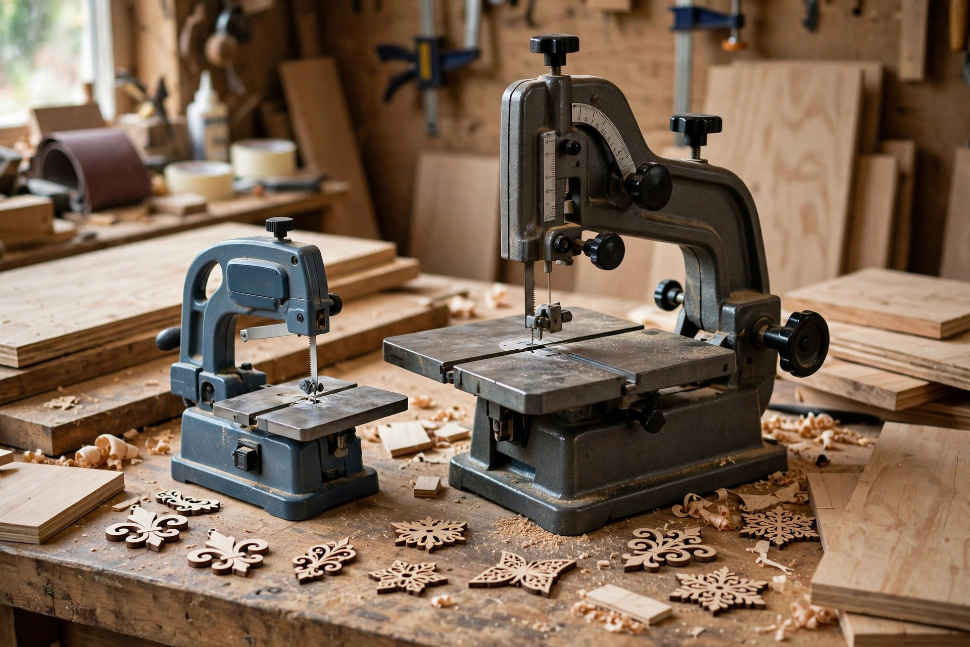 Two benchtop scroll saws side by side on a workshop bench with wooden boards and small fretwork ornaments, comparing scroll saw types for beginners
