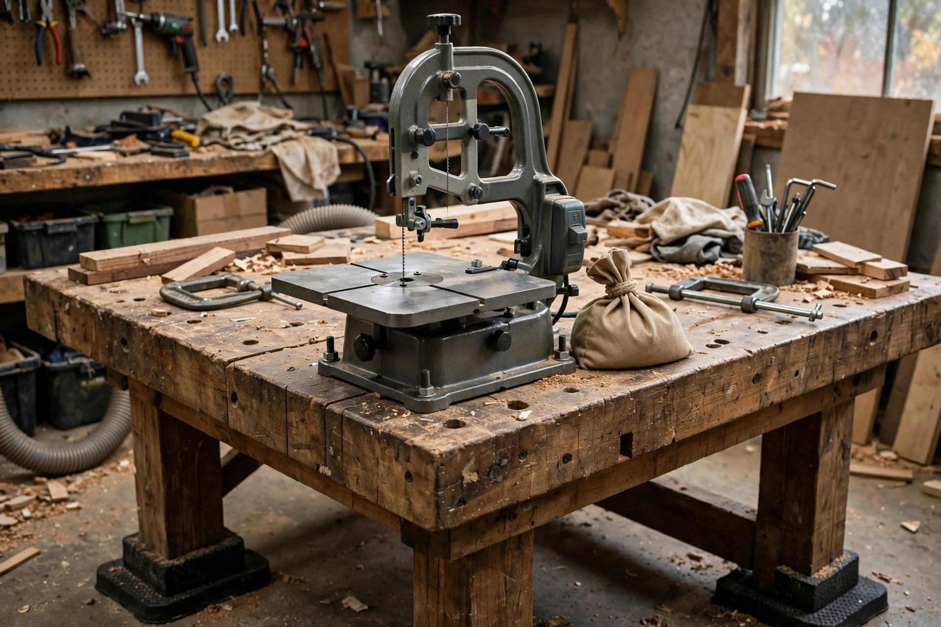 A benchtop scroll saw bolted firmly to a heavy workbench with rubber pads underneath and a weight beside the base, scroll saw vibration control setup