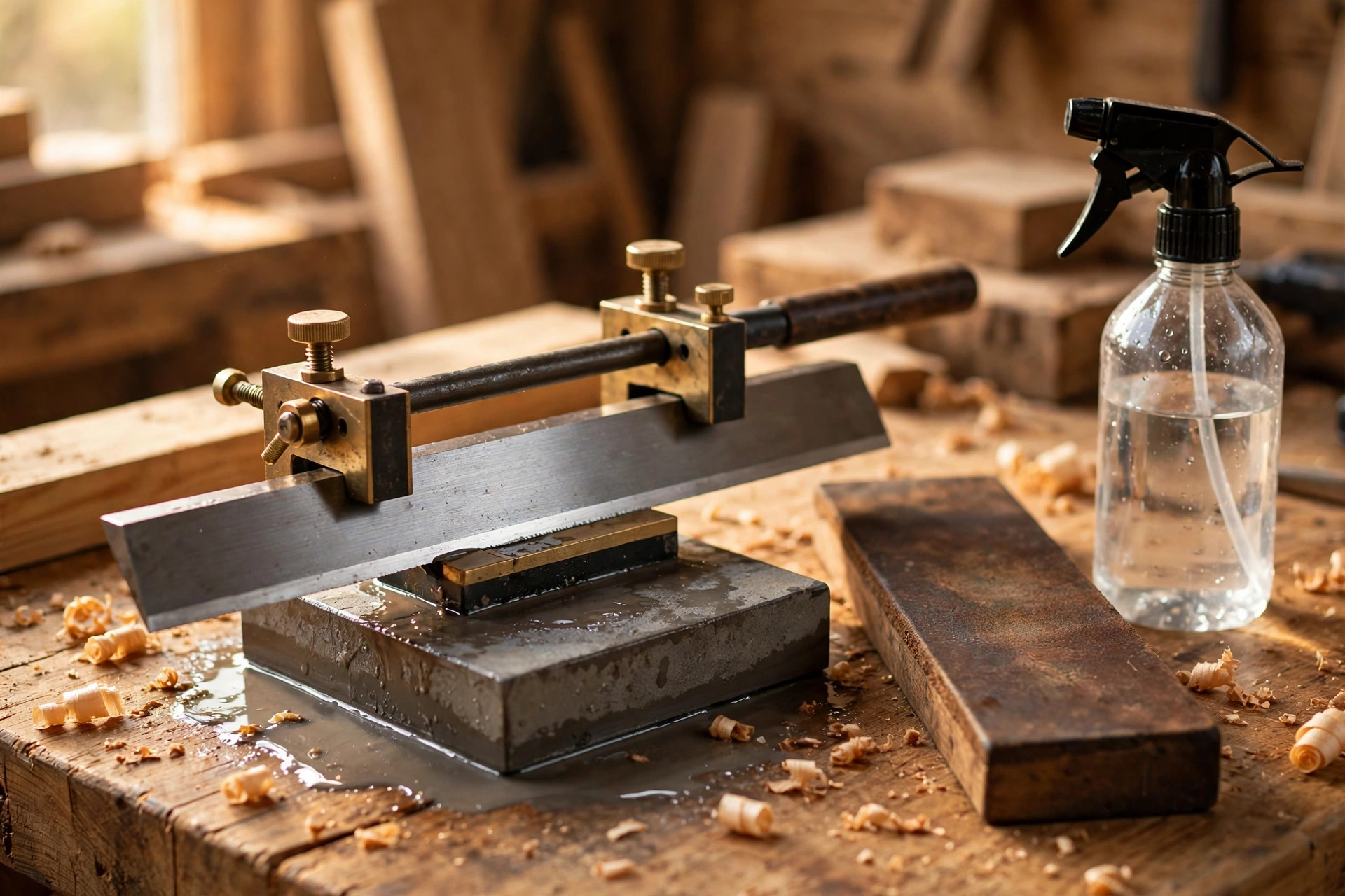 Sharpening a plane iron on a whetstone, the same honing technique beginners learn when sharpening chisels