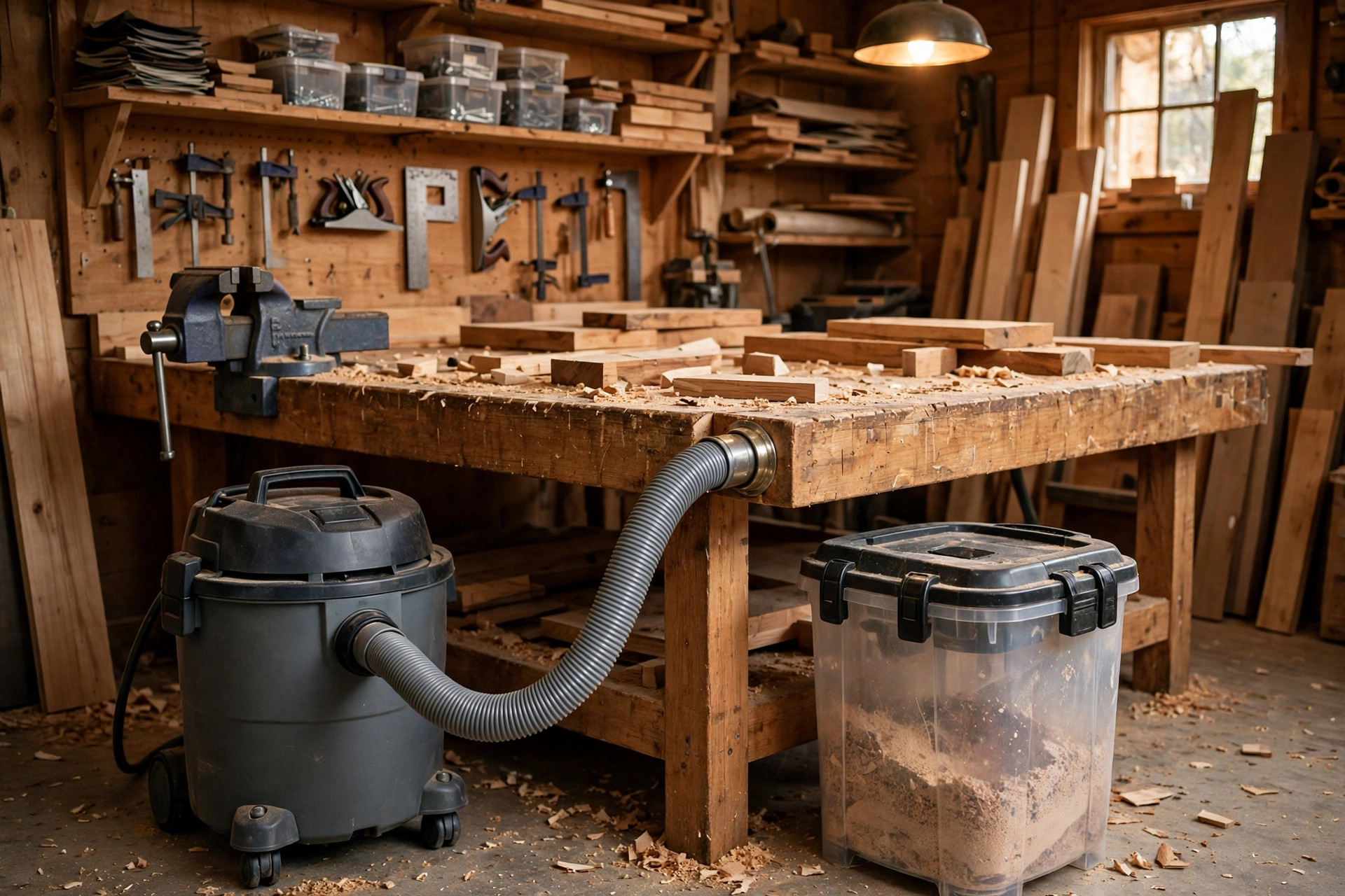 A shop vacuum with hose routed neatly to a workbench dust port in a small woodworking shop