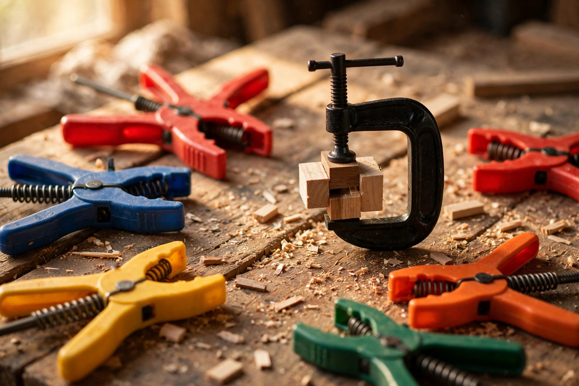 Spring clamps and a small C-clamp holding small wood pieces during a quick repair, handy clamps for woodworking beginners