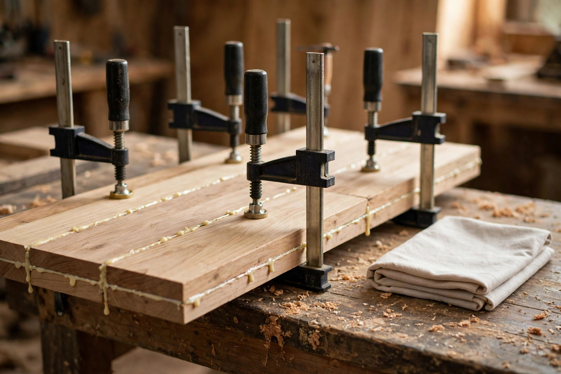 A clamped wooden panel glue-up with small wood glue squeeze-out beads along the joint line on a workbench