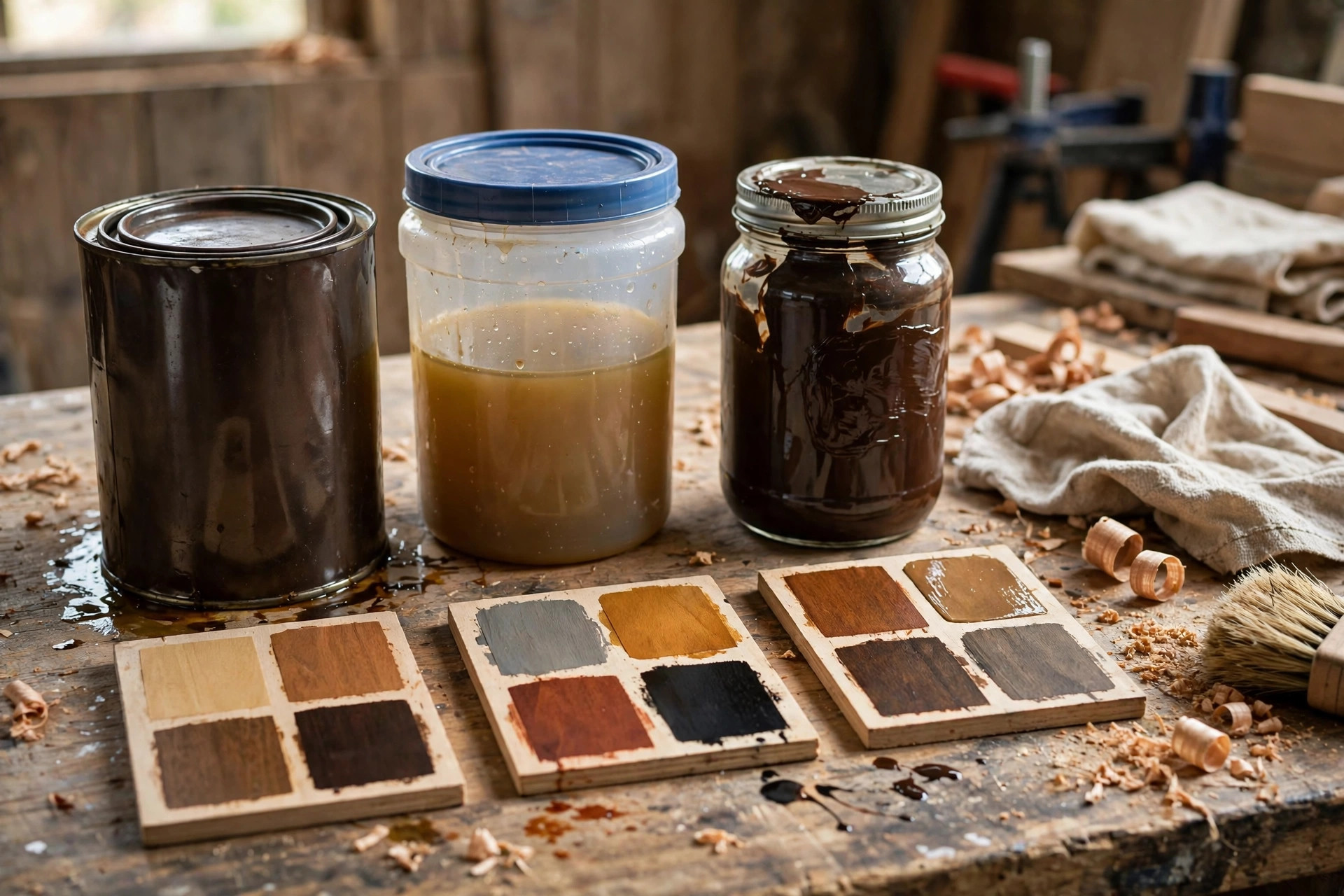 Oil-based, water-based and gel stain cans beside test boards, comparing the best wood stain for beginners woodworking by type