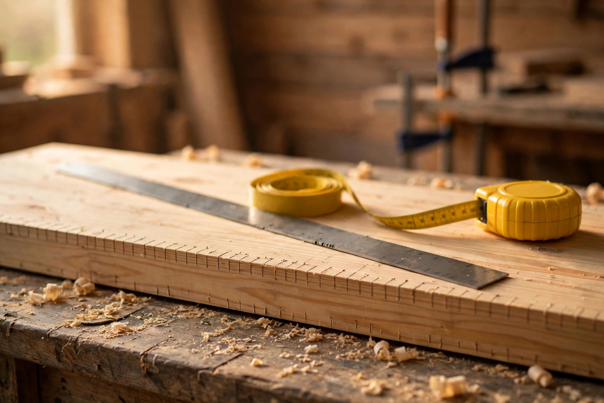 A steel rule and tape measure on a pine board with precise layout tick marks along its length