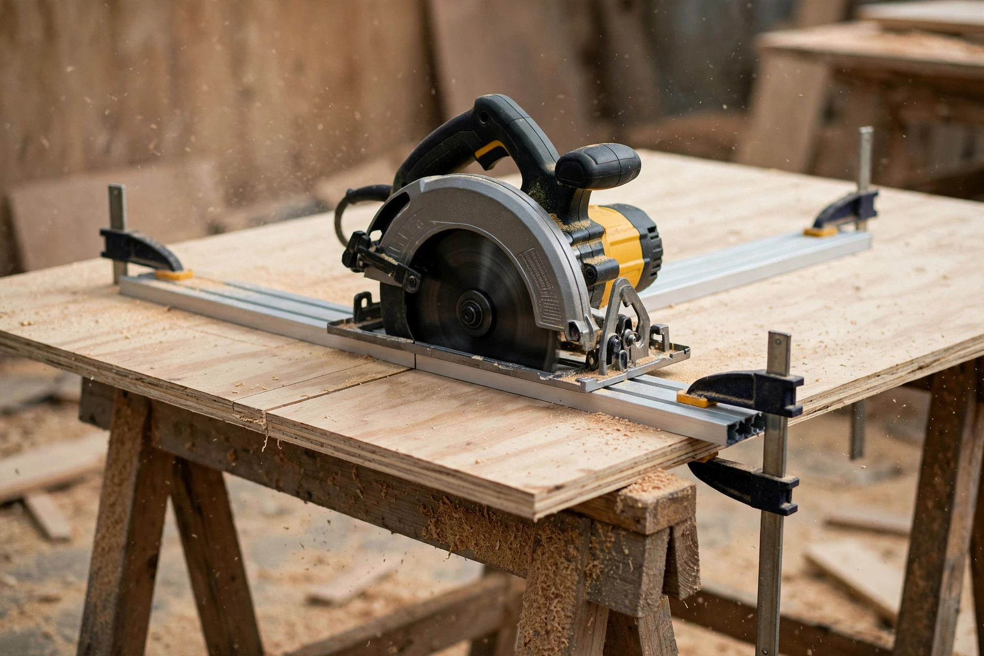 A circular saw for beginners cutting plywood along a clamped straightedge guide in a workshop