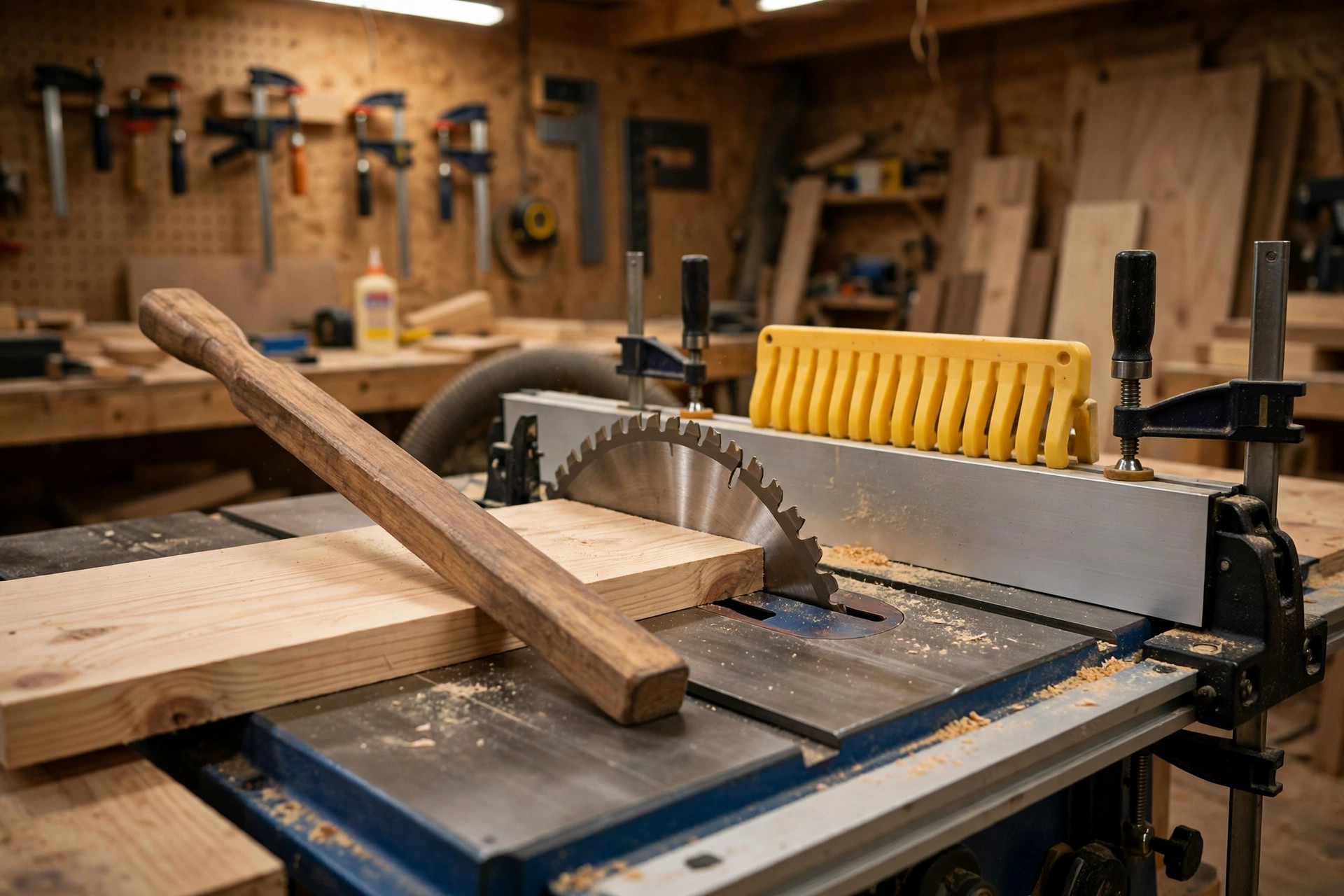 Woodworking safety tips for beginners demonstrating a push stick guiding a wooden board across a table saw blade