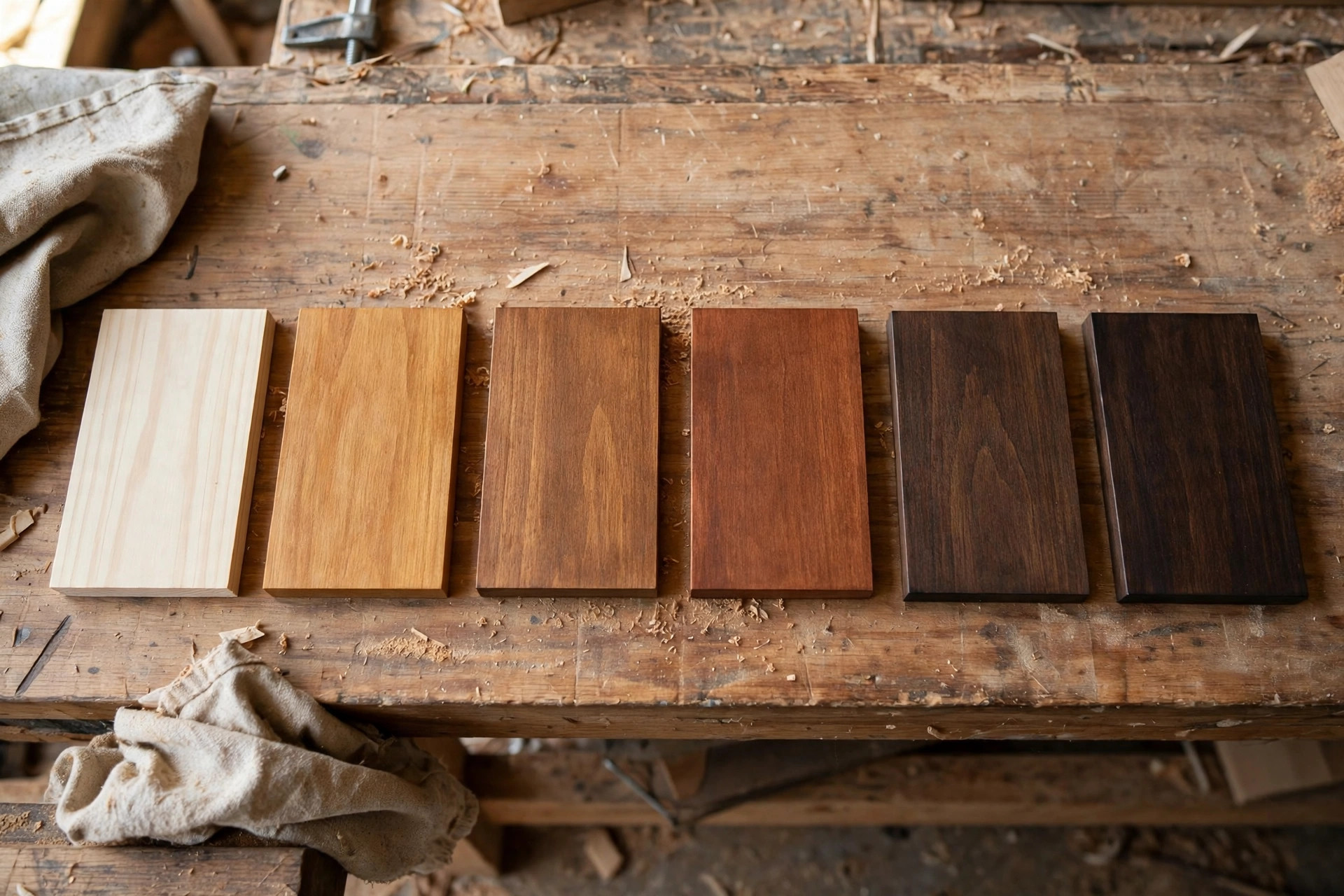 Several small test boards in different stain shades, the essential step when choosing the best wood stain for beginners woodworking
