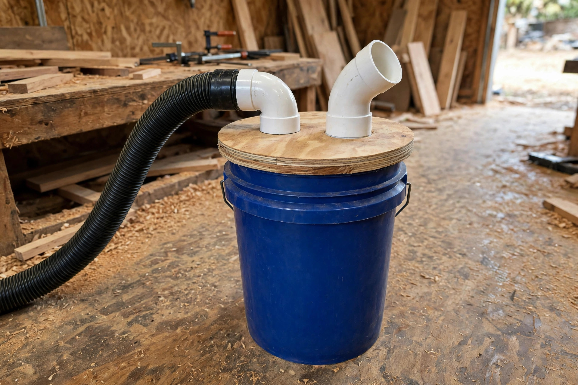 A Thien baffle separator lid on a bucket showing the internal baffle ring that traps dust for small workshop dust collection