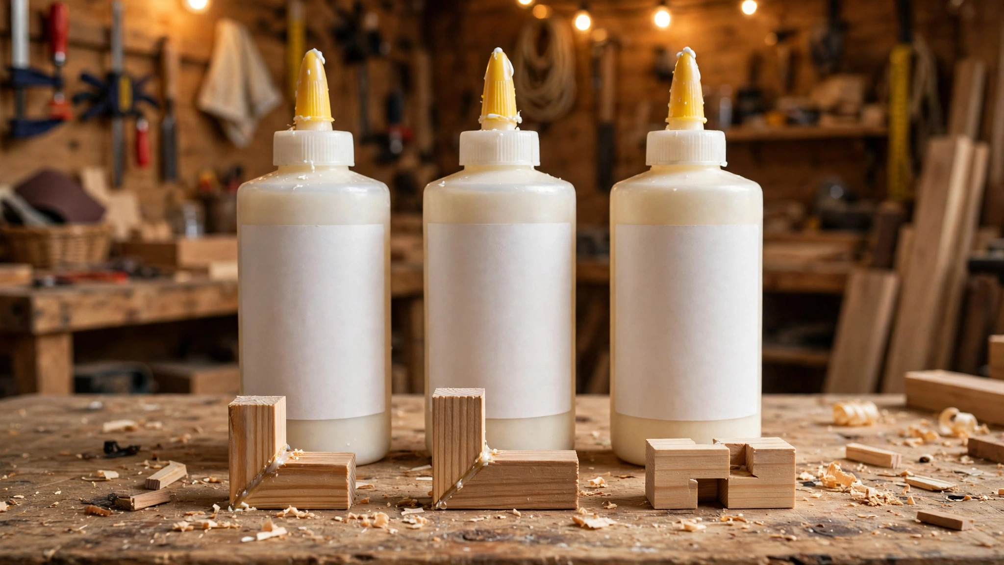 Three bottles of PVA wood glue representing Titebond I vs II vs III options for beginners arranged on a workbench