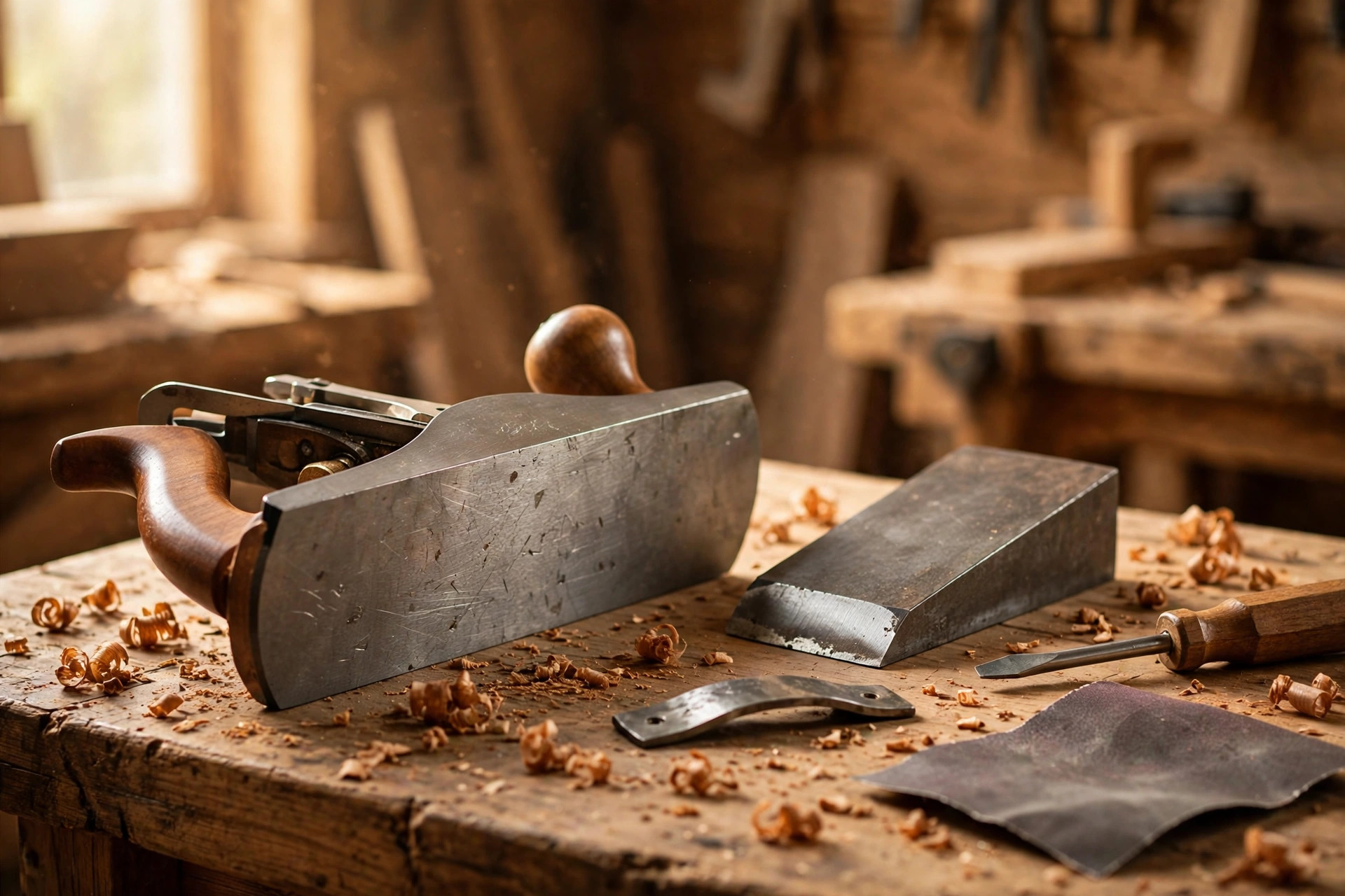 Setting up a hand plane for beginners showing depth adjustment and mouth setting on a workbench
