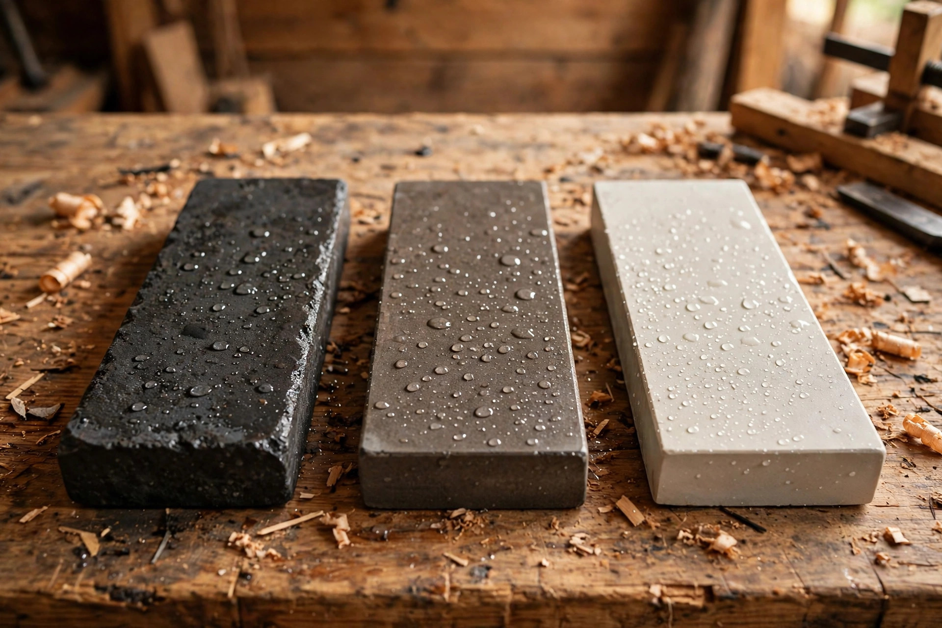 Water stones in coarse medium and fine grits arranged on a bench for beginners learning how to sharpen chisels