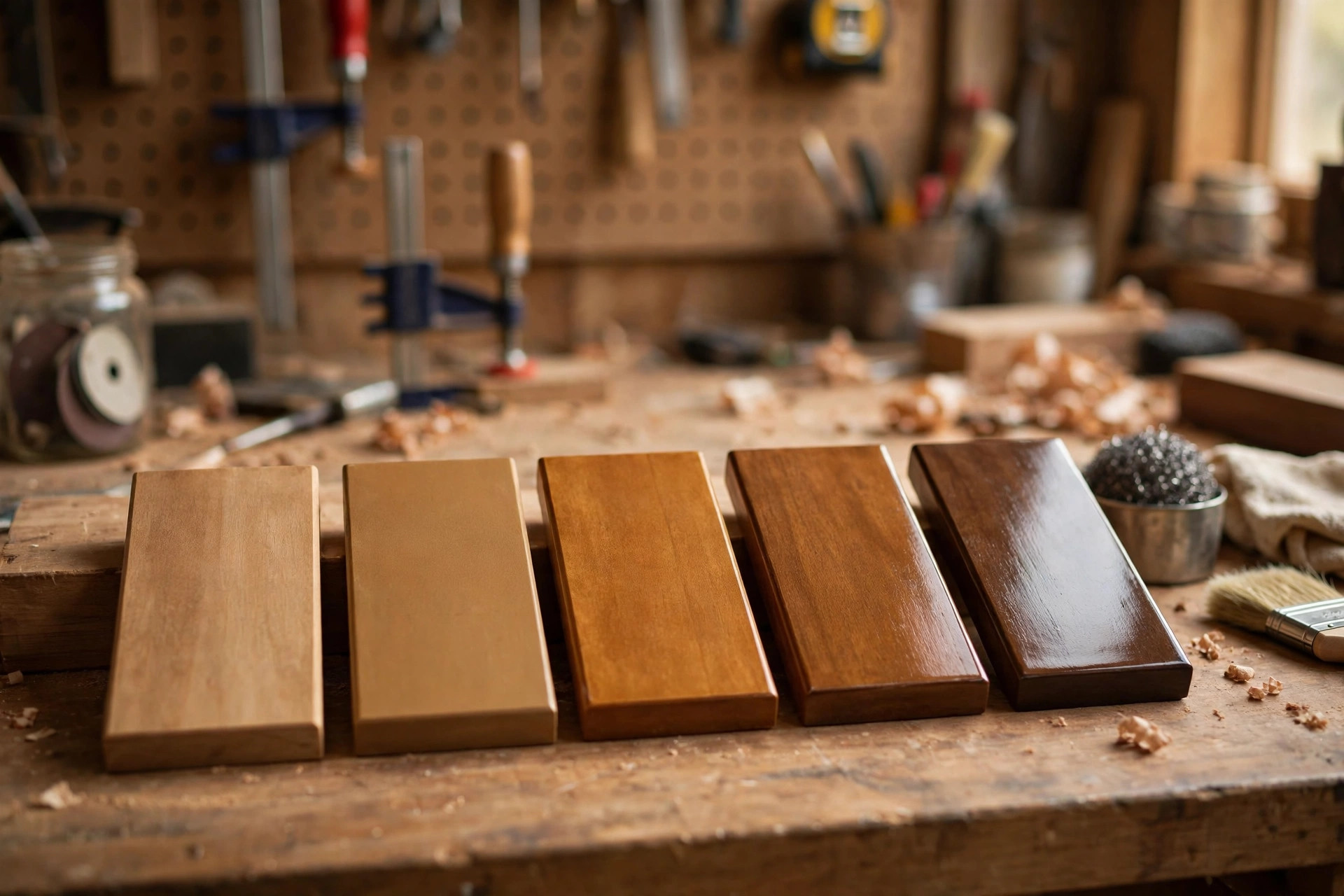 How to sand and finish wood for beginners: rows of wood finish sample boards in oil, polyurethane, wax, and shellac