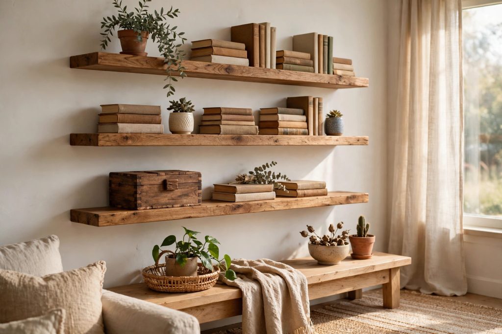 Wooden floating shelves made as an easy beginner woodworking project, styled with books and plants