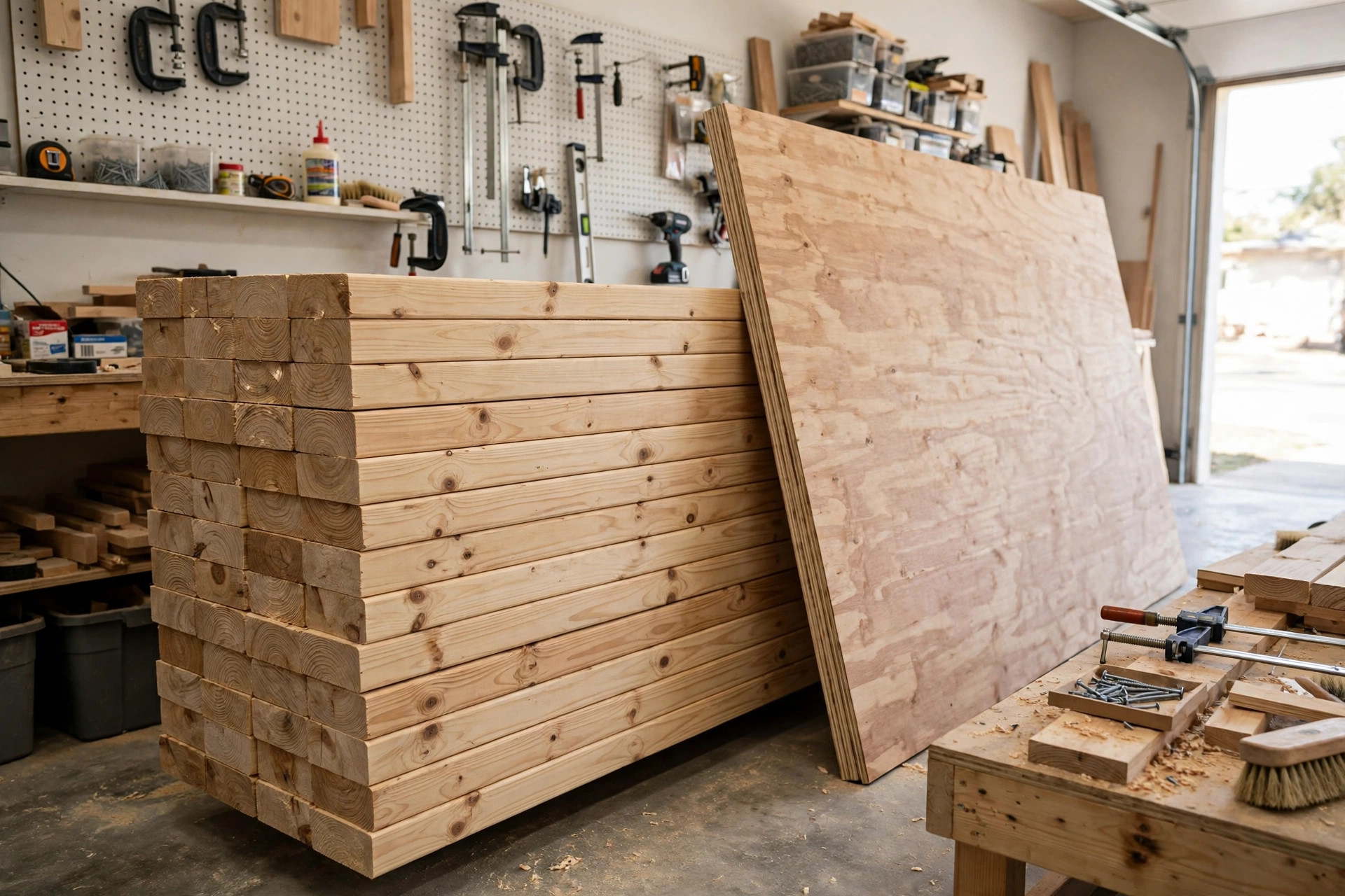 Stack of 2x4 lumber and a sheet of plywood, the main materials needed to build a simple workbench for beginners