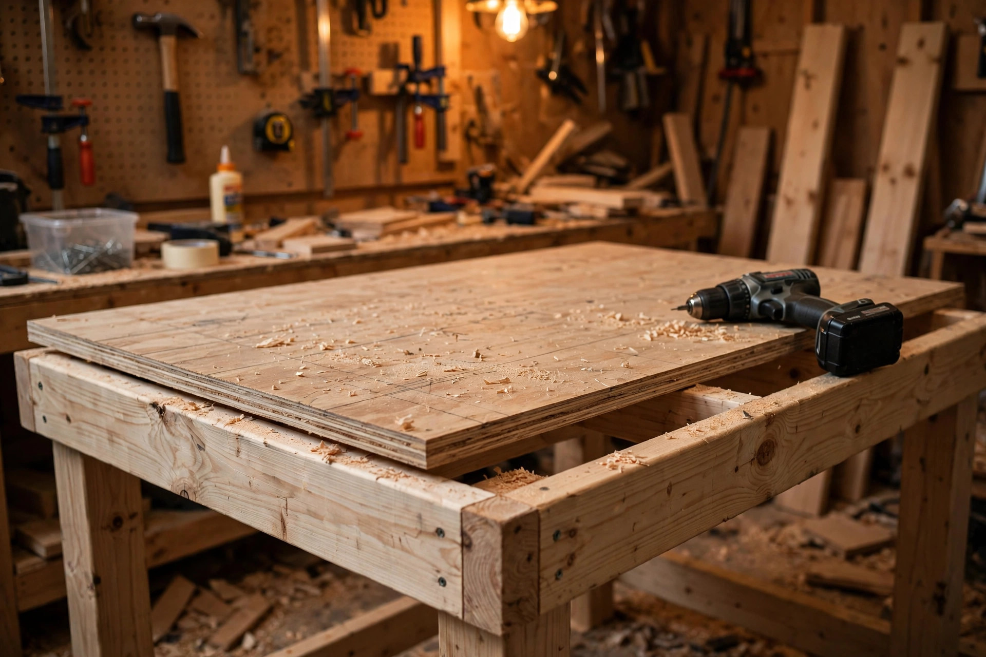 Positioning the plywood top on the 2x4 frame while building a simple workbench for beginners