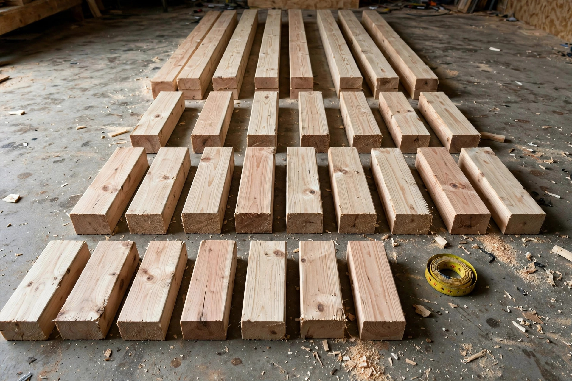 Cut 2x4 pieces laid out in order on a workshop floor for a simple workbench for beginners build