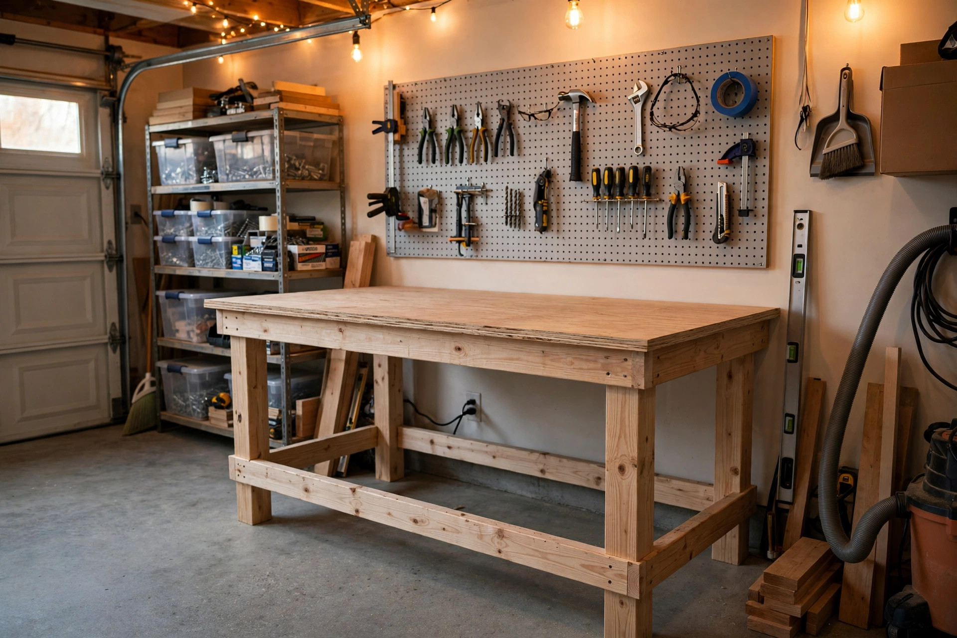 A finished simple workbench for beginners set up in a tidy garage workshop