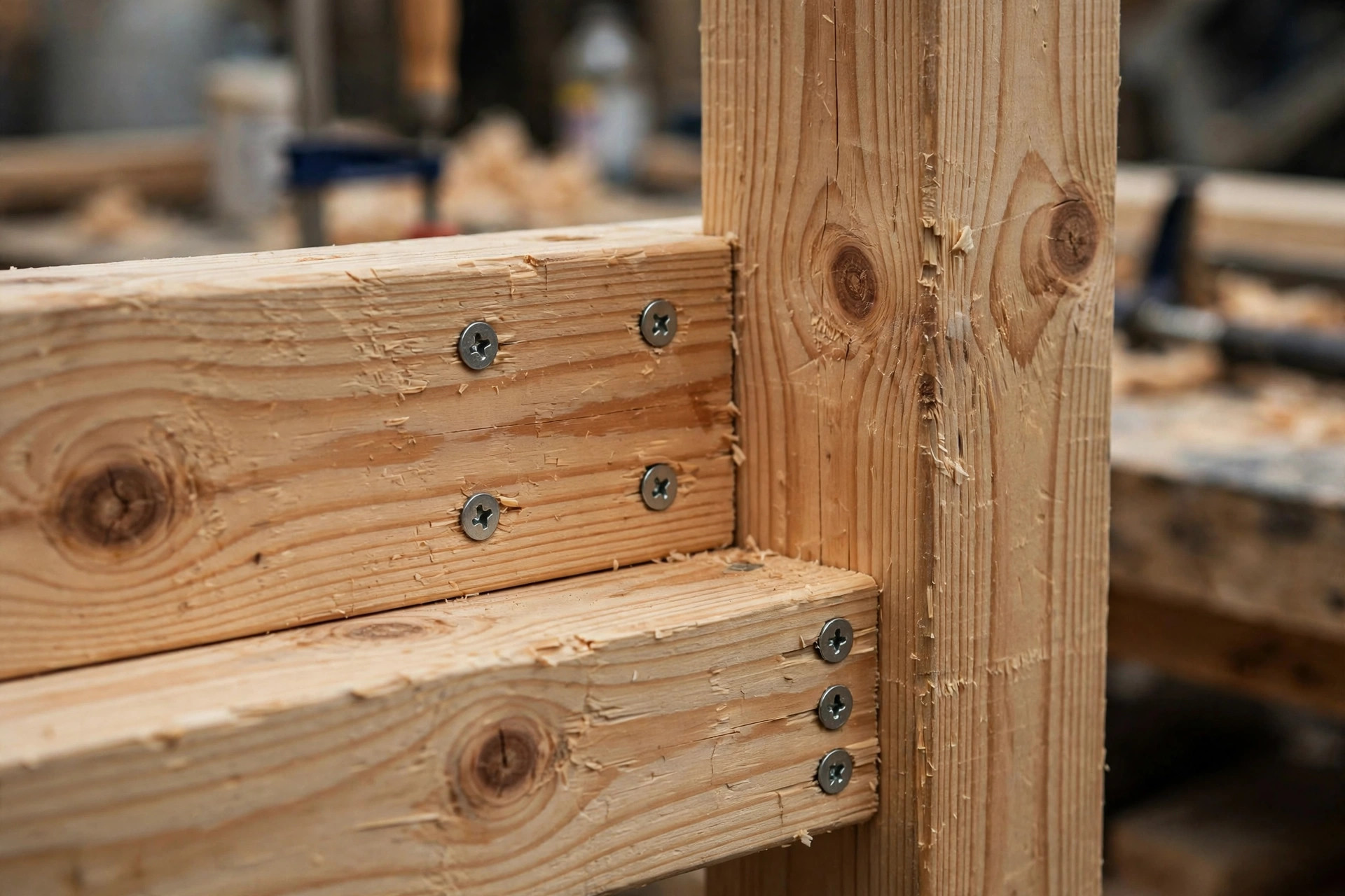 Close-up of the screwed leg frame joinery on a simple workbench for beginners