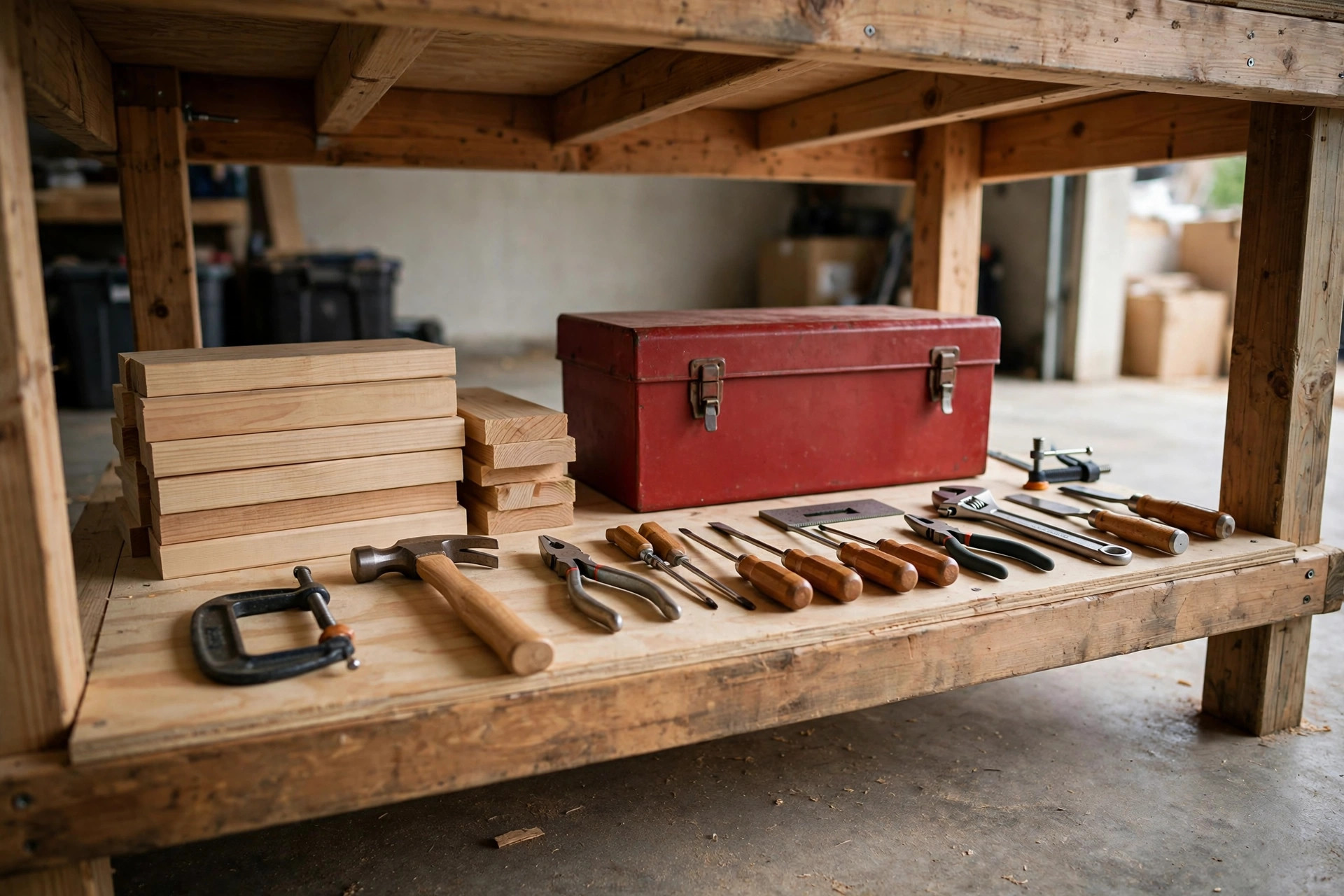 Lower shelf of a finished simple workbench for beginners holding neatly organized tools