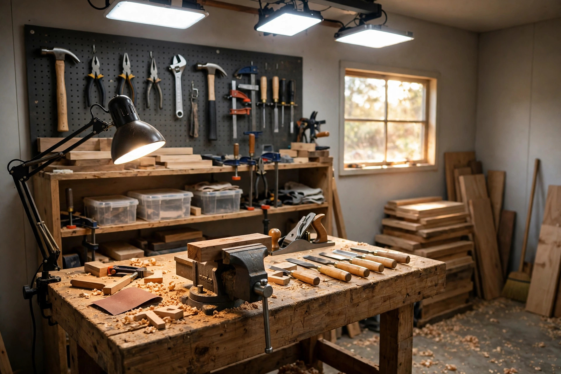 Bright layered lighting in a small garage woodworking shop with overhead LED shop lights and task lighting over the workbench